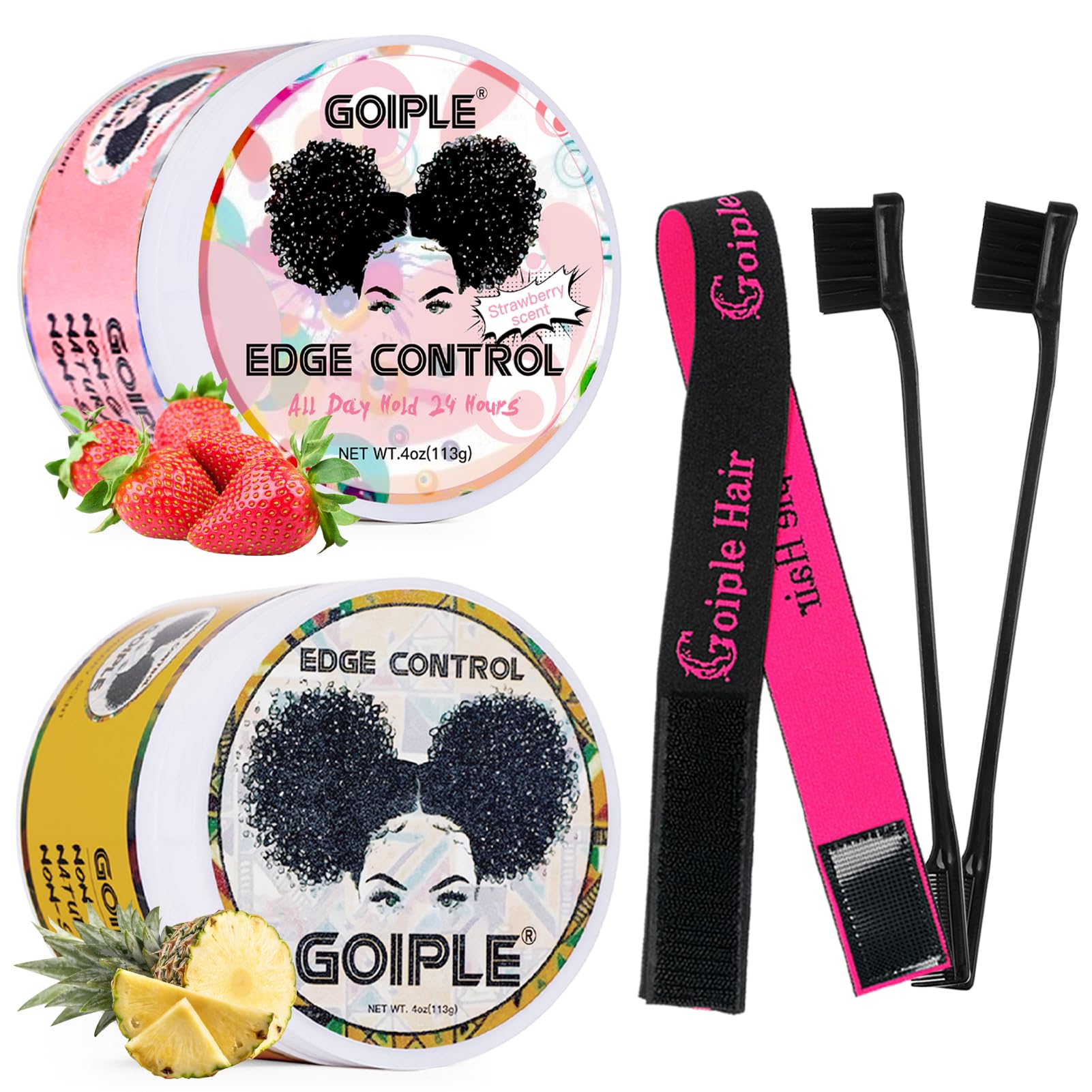 Goiple Edge Control Wax for Women – Non-Greasy Hold, Pink & Yellow 4oz (2 Pack) with Brush & Scarf