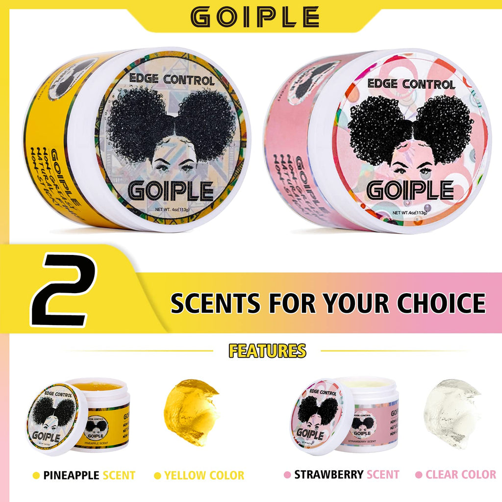 Goiple Edge Control Wax for Women – Non-Greasy Hold, Pink & Yellow 4oz (2 Pack) with Brush & Scarf