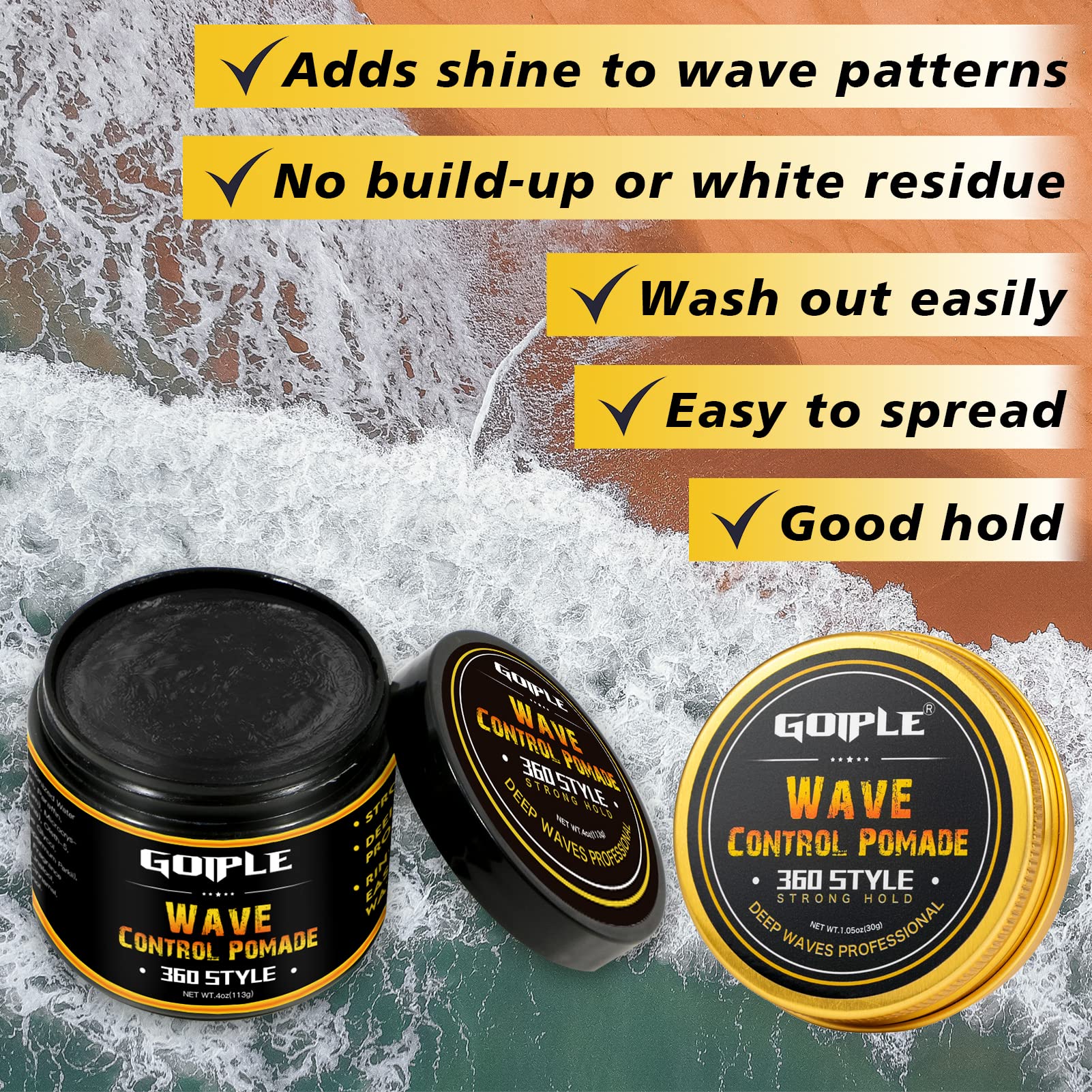 Goiple Natural Wave Pomade – Strong Hold for Men, 360 Waves + Travel Size