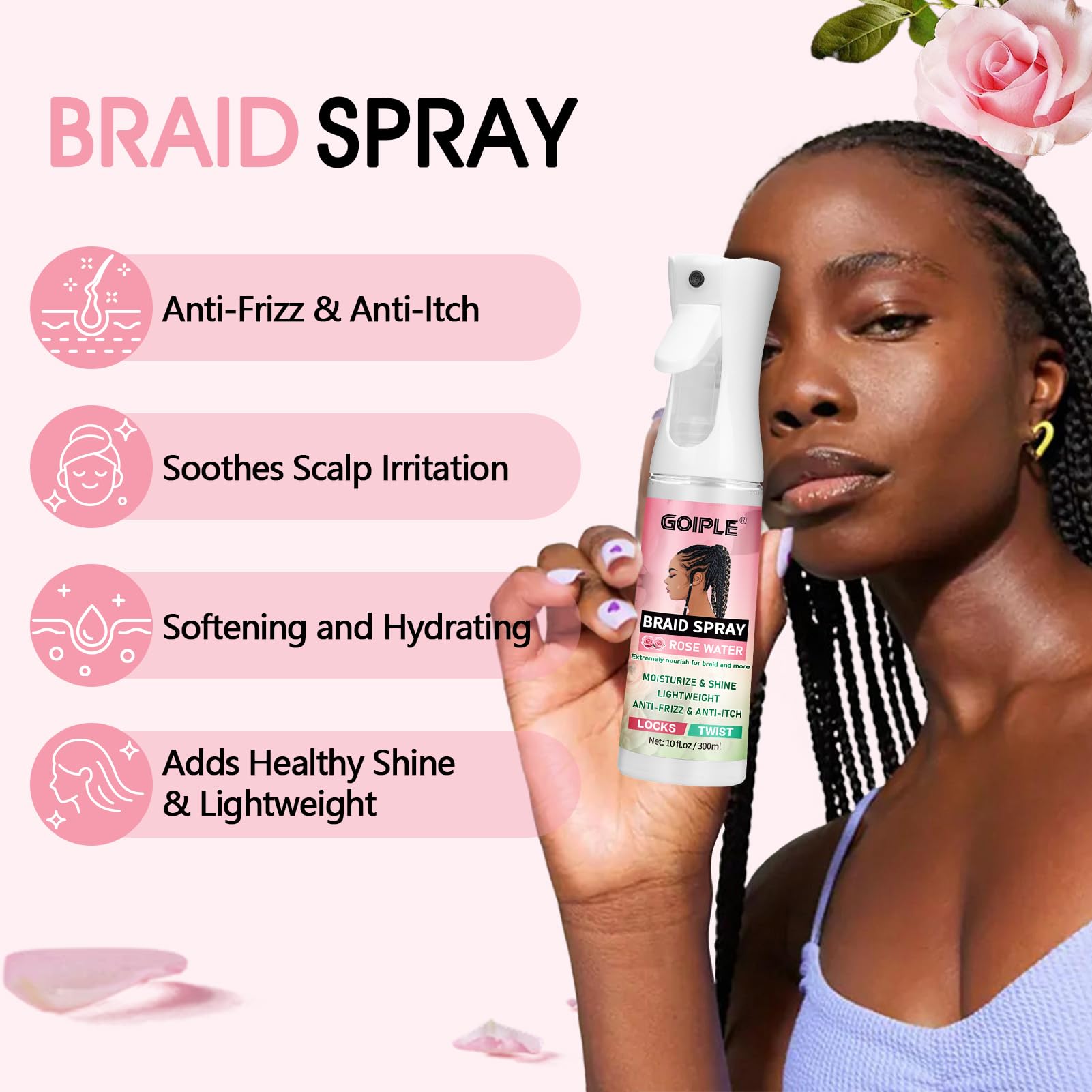 Goiple Rose Braid Spray 10oz – Lightweight Rose Water for Dreads, Braids & Locs