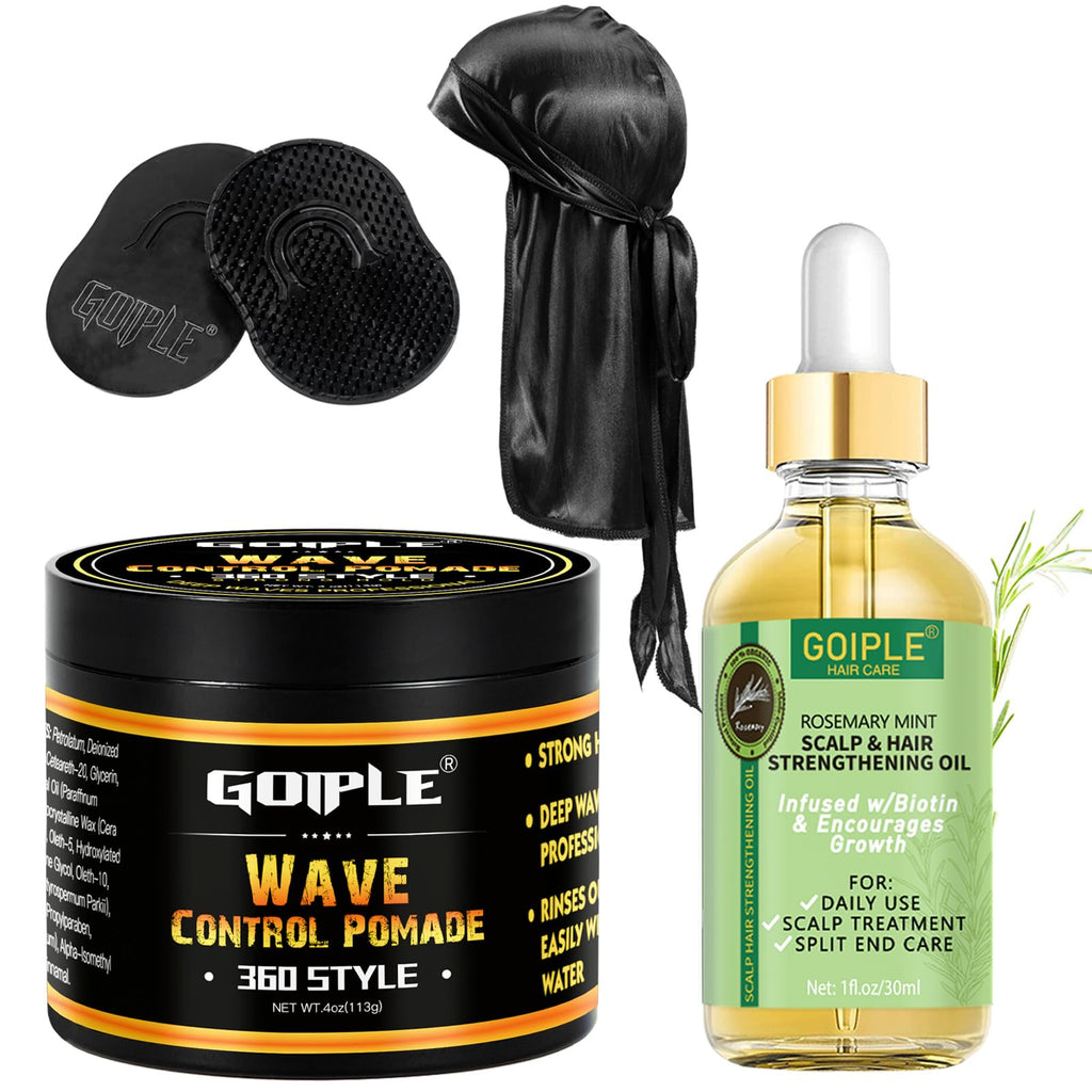 Goiple Natural Wave Pomade Set - Strong Hold, 360 Wave Training, Rosemary Oil Kit