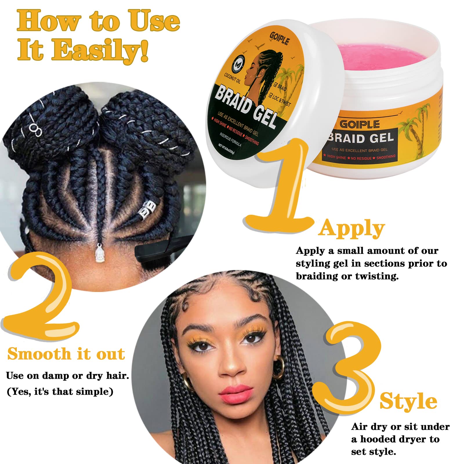Goiple Strong Hold Braid Gel — Extreme Hold for Twist, Locs & Braids with Edge Control 8.8oz + Combs