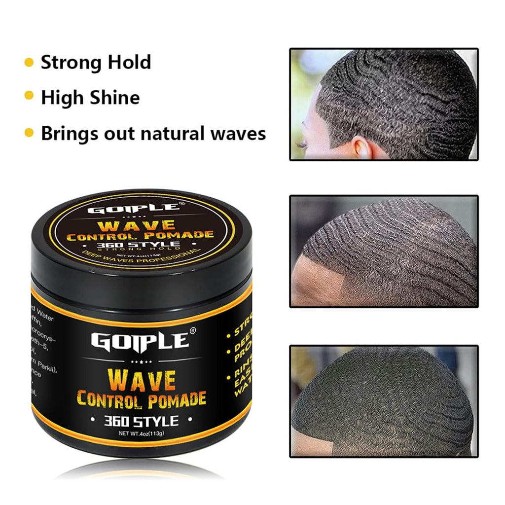 Goiple Natural Wave Pomade Set - Strong Hold, 360 Wave Training, Rosemary Oil Kit