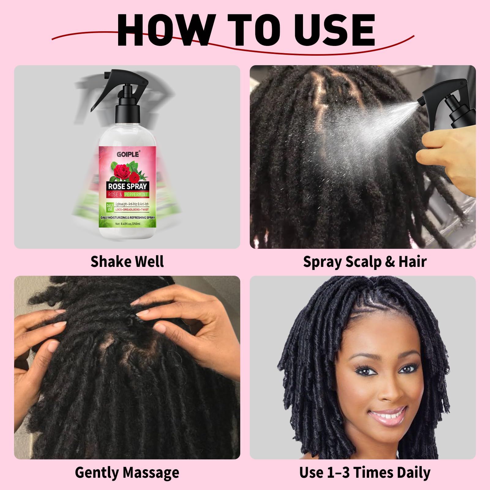 Goiple Rose Water Spray for Locs — Hydrating Hair Moisturizer with Peppermint & Castor Oil (250ML)