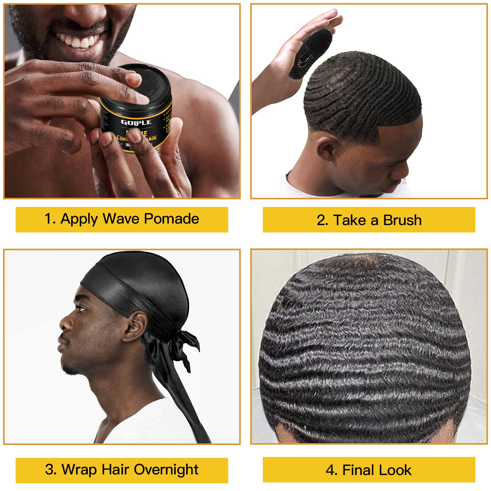 Goiple Natural Wave Pomade for Men – Strong Hold, Easy Wash Kit (Pomade + 2 Brushes + Durag)