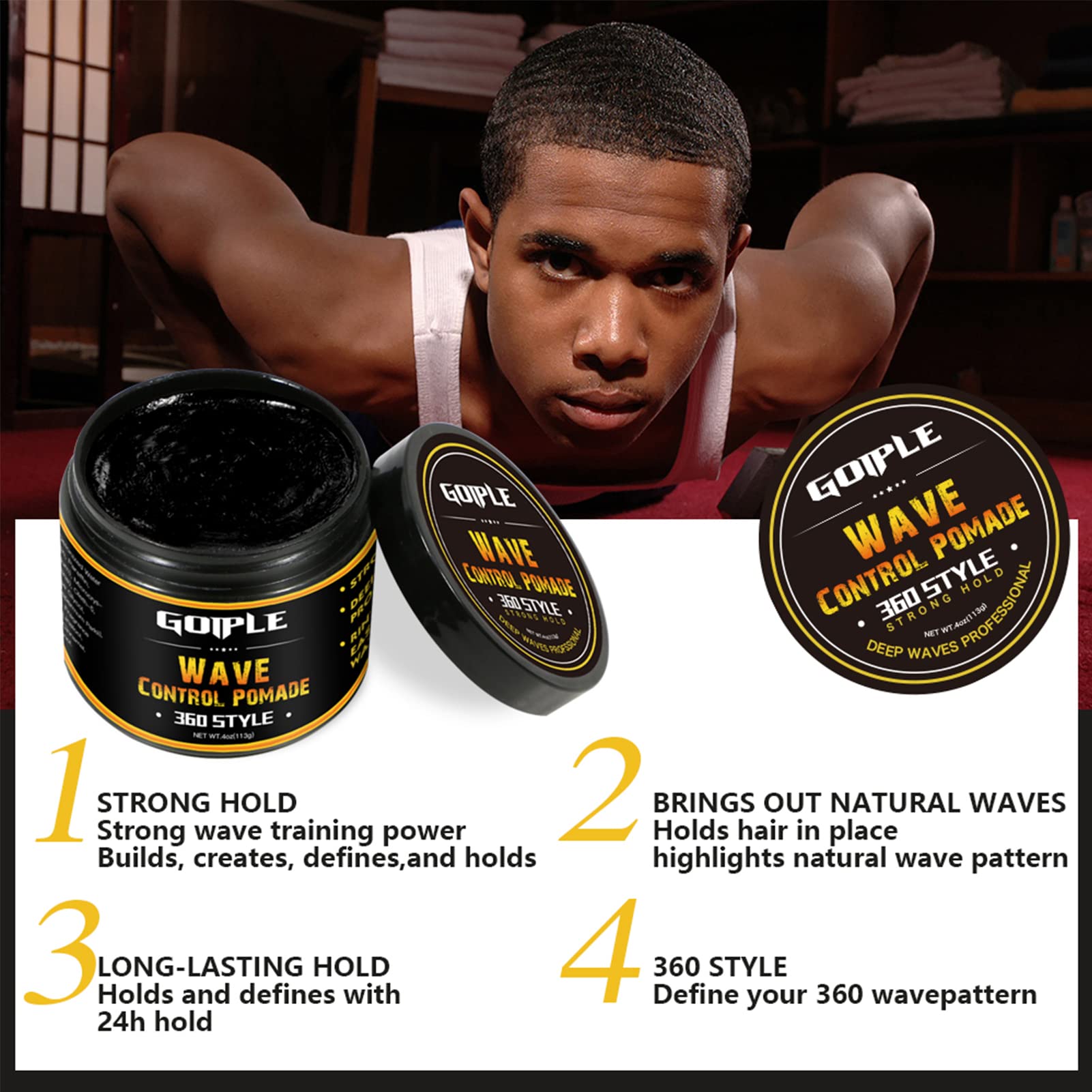 Goiple Natural Wave Pomade for Men – Strong Hold & Easy Wash 360 Wave Cream | 4oz