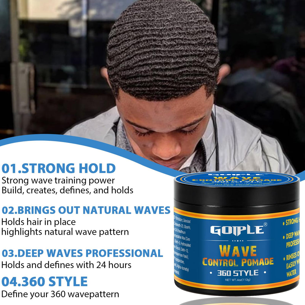 Goiple 360 Wave Pomade Strong Hold Kit for Men — Wave Butter, Brushes & Silky Durags
