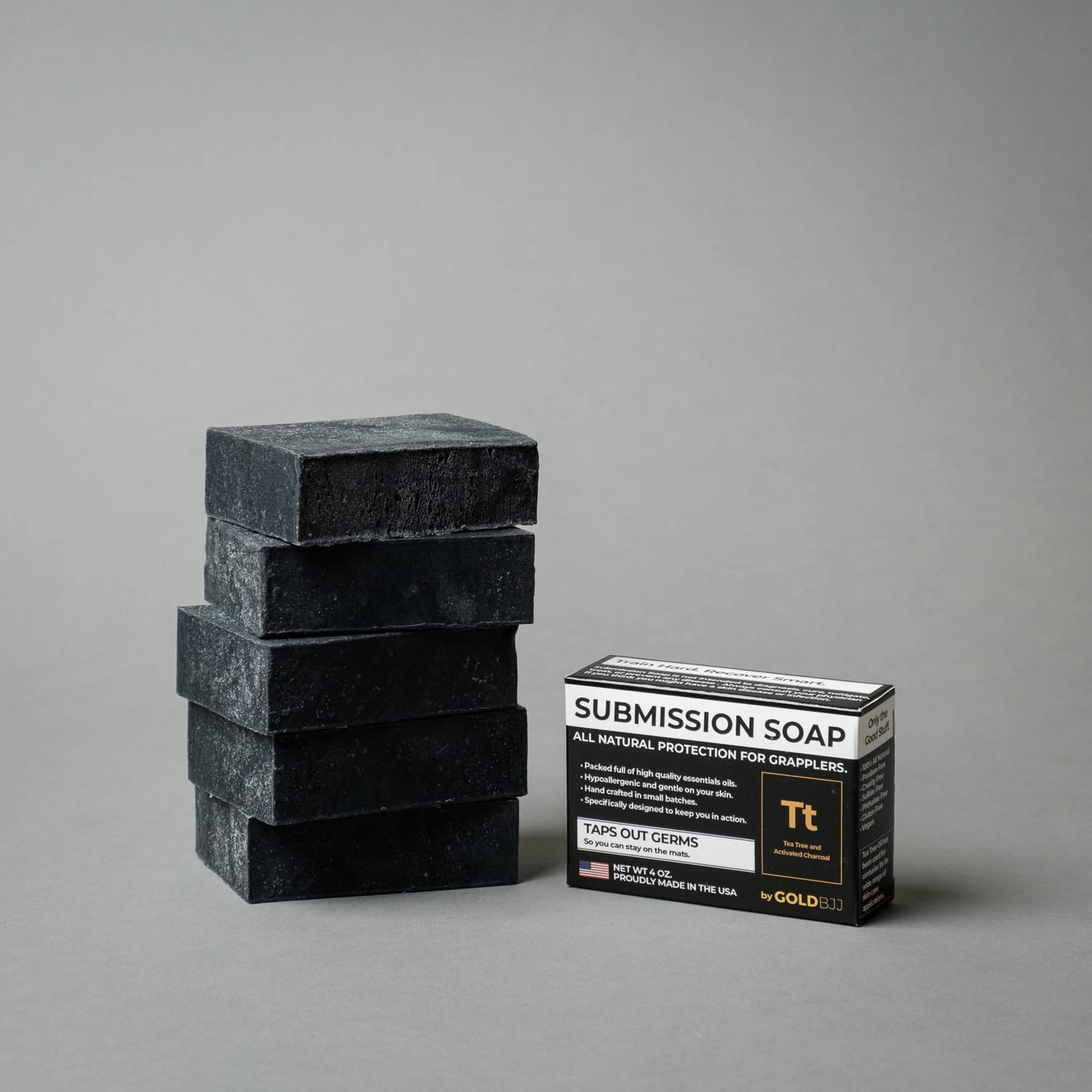 Gold BJJ Premium Tea Tree Oil Soap - USA Made Bar Soap for BJJ, Jiu Jitsu, Wrestling, and Grappling (5-Pack, 4 oz, Activated Charcoal)