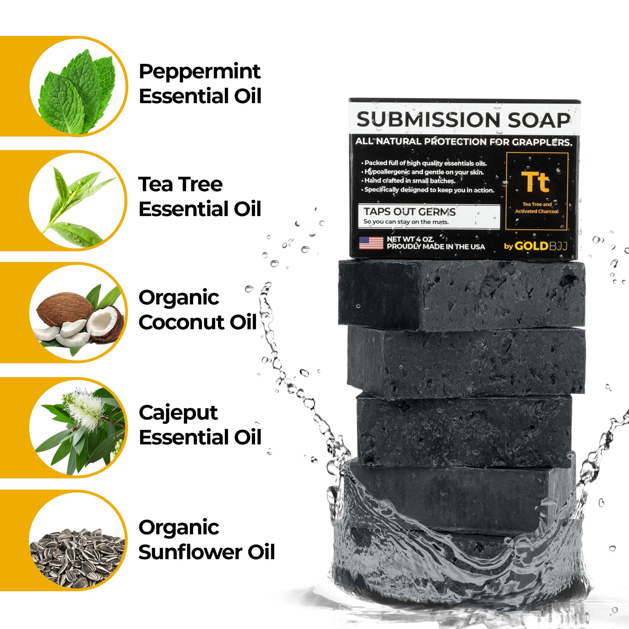 Gold BJJ Premium Tea Tree Oil Soap - USA Made Bar Soap for BJJ, Jiu Jitsu, Wrestling, and Grappling (5-Pack, 4 oz, Activated Charcoal)