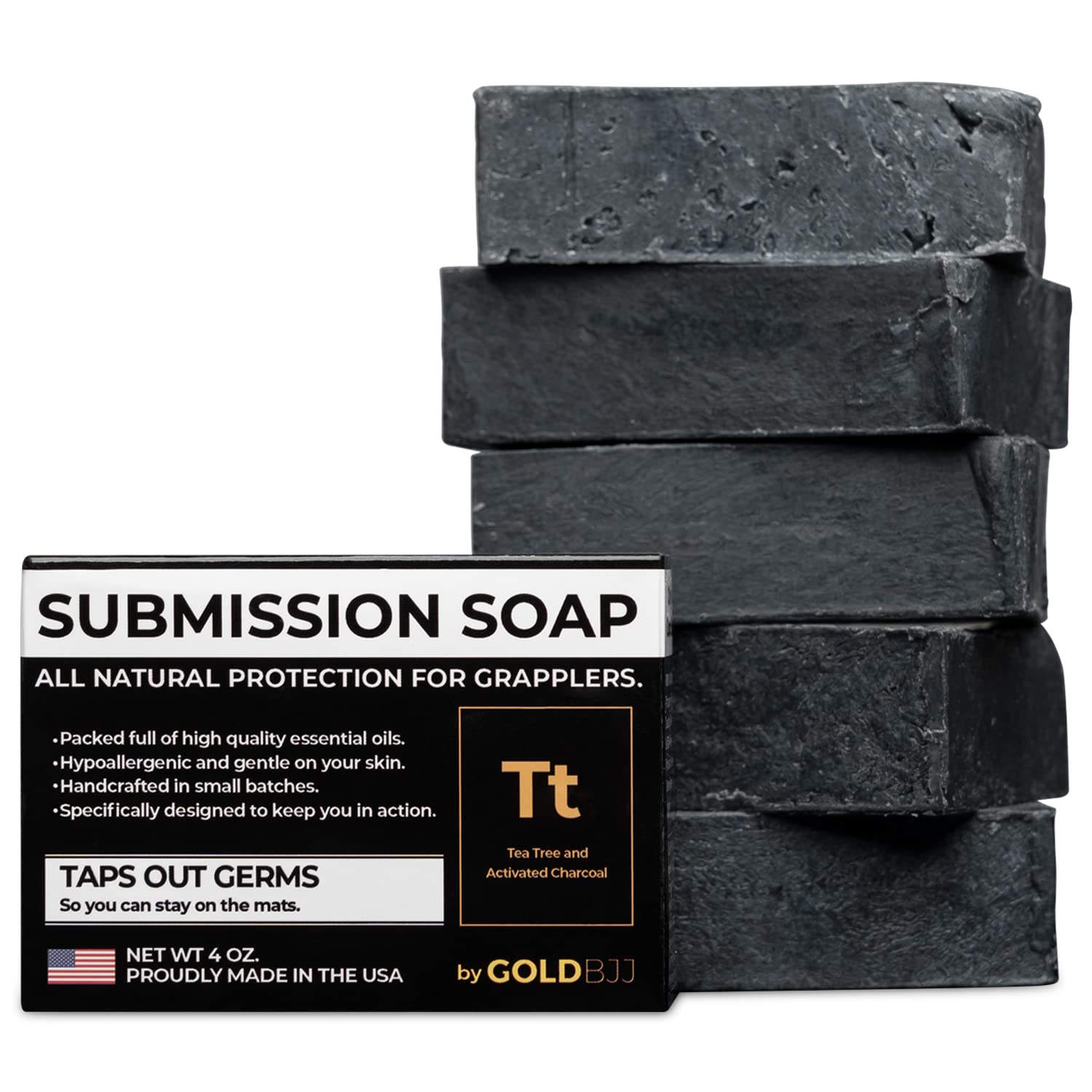 Gold BJJ Premium Tea Tree Oil Soap - USA Made Bar Soap for BJJ, Jiu Jitsu, Wrestling, and Grappling (5-Pack, 4 oz, Activated Charcoal)