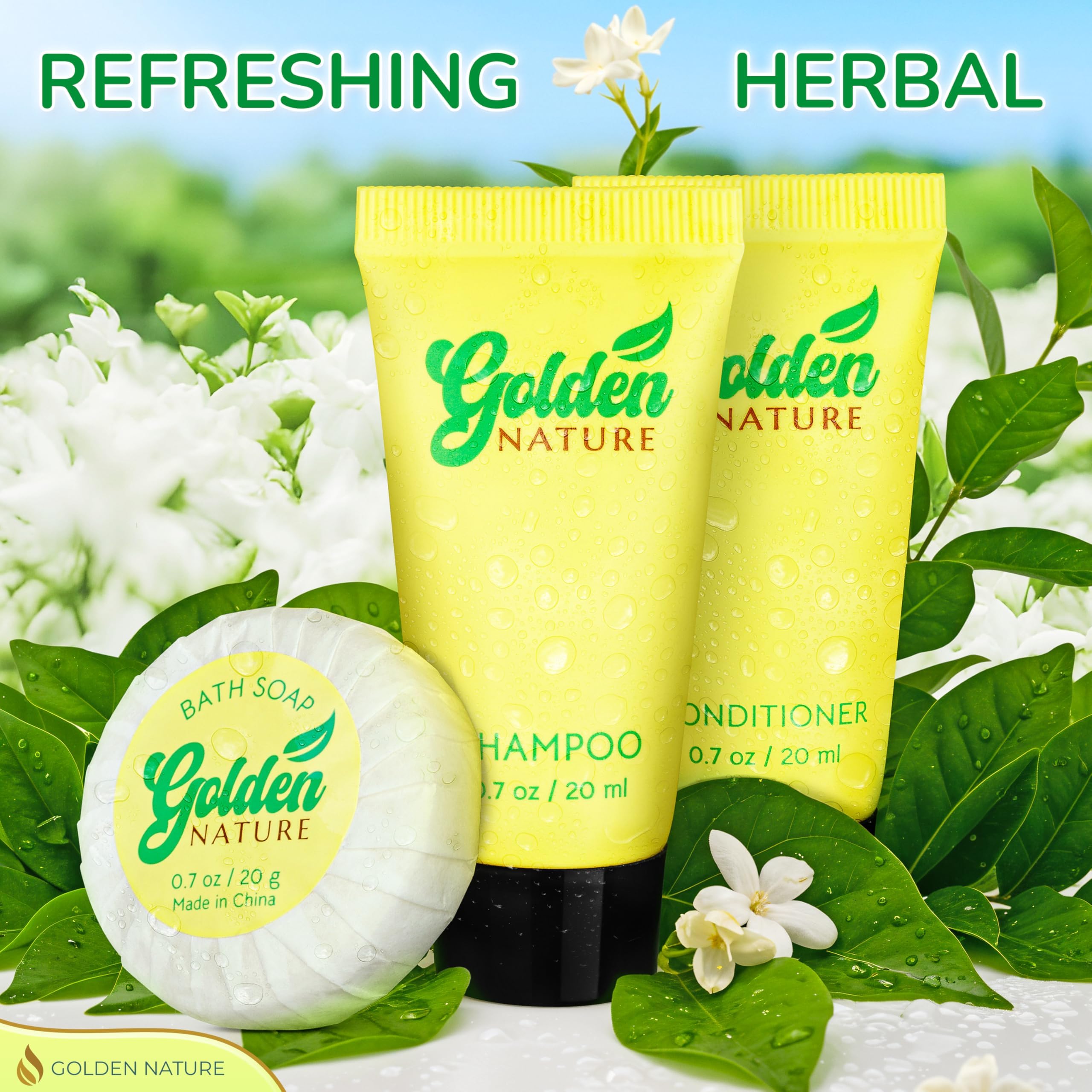 Golden Nature Travel Size Soap, Shampoo & Conditioner Set - Jasmine, 0.7 oz Each | 150 Pcs | 3-Piece Kit