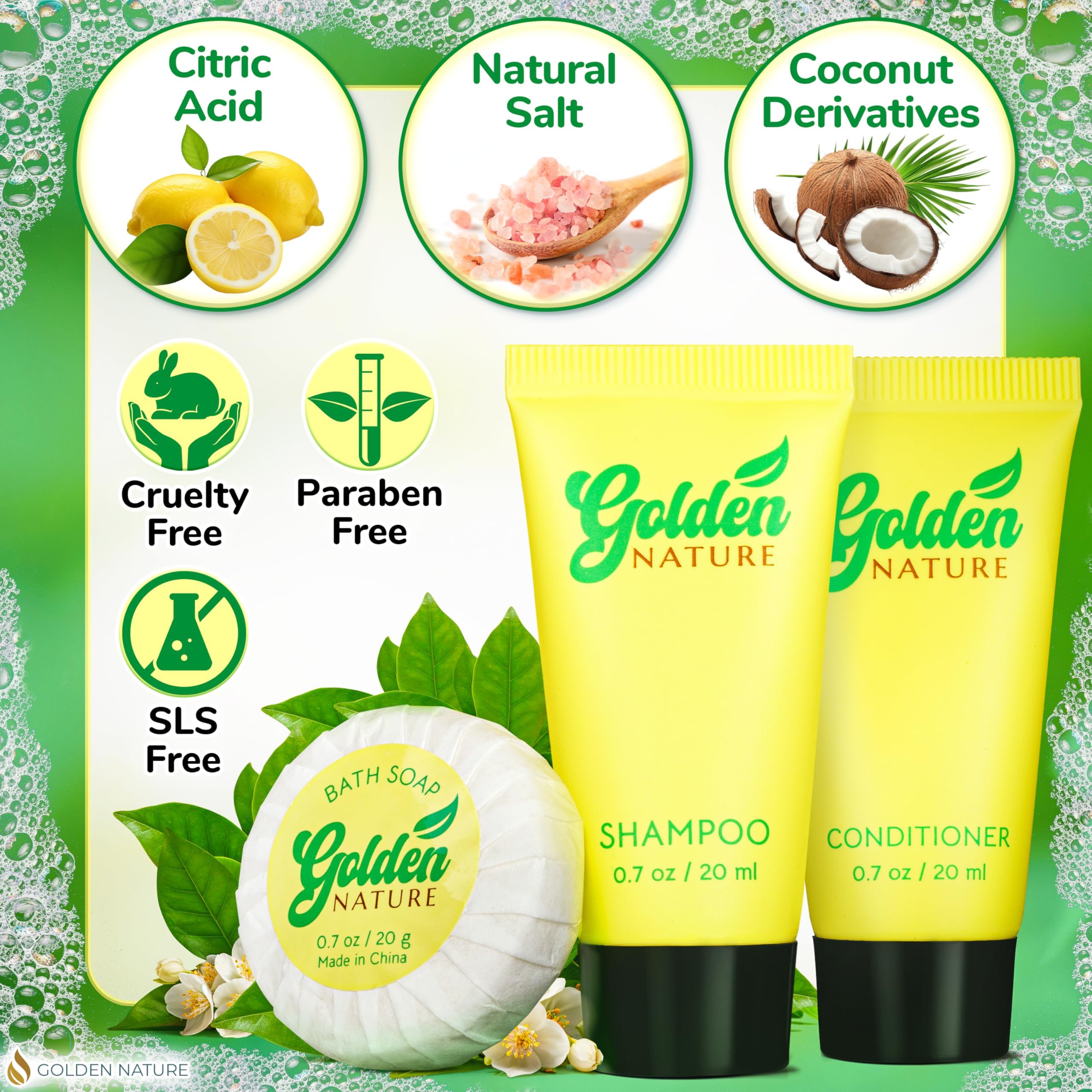 Golden Nature Travel Size Soap, Shampoo & Conditioner Set - Jasmine, 0.7 oz Each | 150 Pcs | 3-Piece Kit