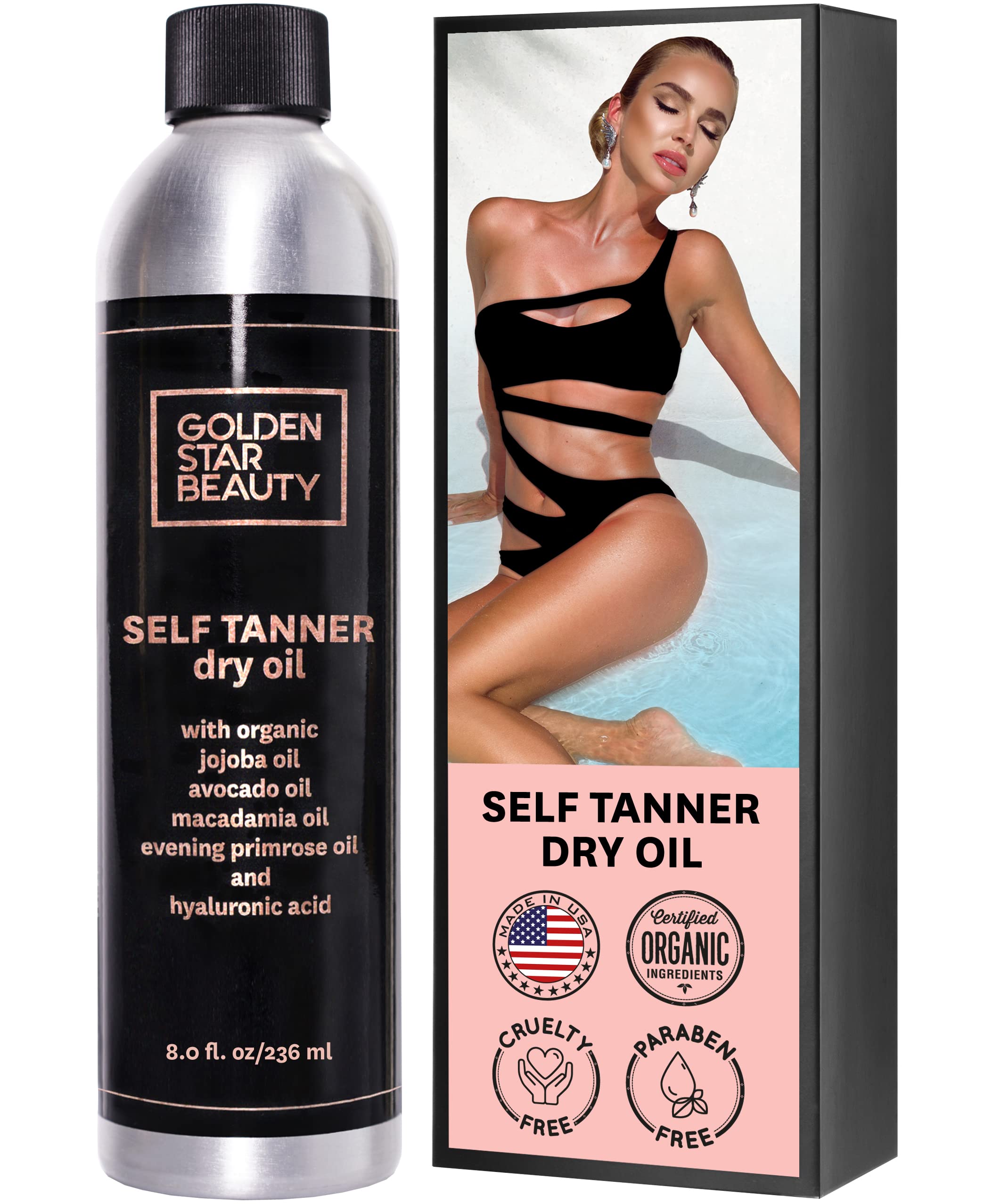 GOLDEN STAR BEAUTY Self Tanner Oil – Clear Sunless Tan with Hyaluronic Acid, 8.0 fl oz