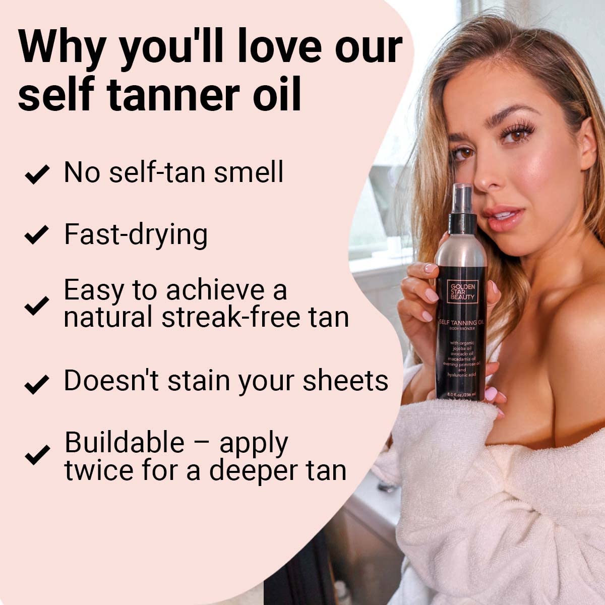 GOLDEN STAR BEAUTY Self Tanner Oil – Clear Sunless Tan with Hyaluronic Acid, 8.0 fl oz