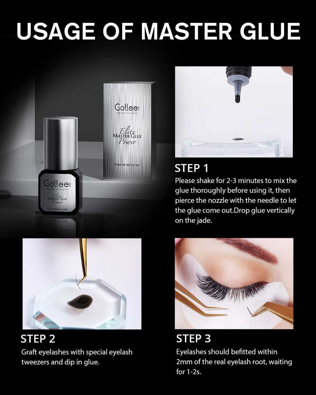 Golleepro Eyelash Extension Glue — 0.5 Sec Fast Dry, 6-8 Week Retention, Waterproof, Professional Use Only
