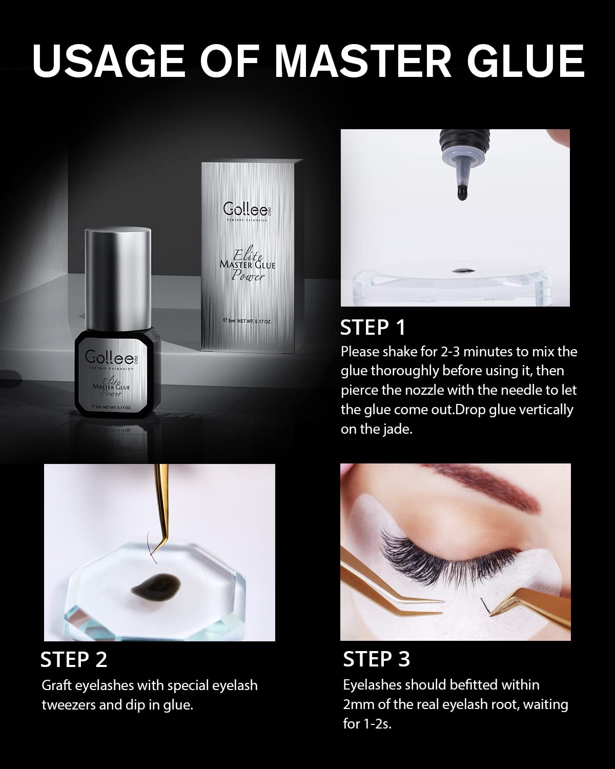 Golleepro Eyelash Extension Glue — 0.5 Sec Fast Dry, 6-8 Week Retention, Waterproof, Professional Use Only
