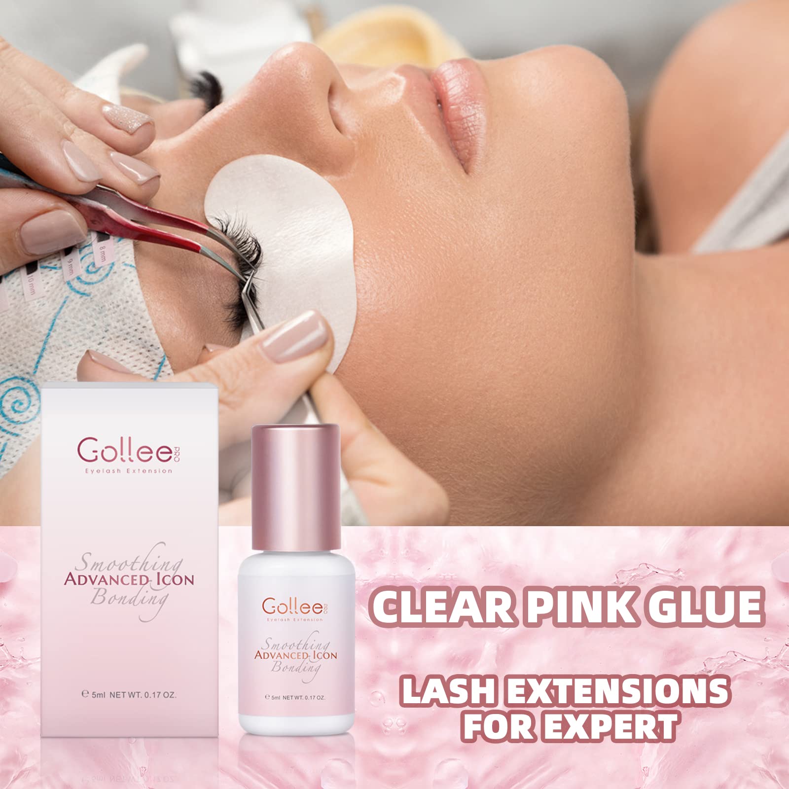 GOLLEEPRO Transparent Lash Glue – 1–2s Fast-Drying Eyelash Extension Adhesive | Clear Pink, 0.17 fl oz (5 ml) | Professional Use Only