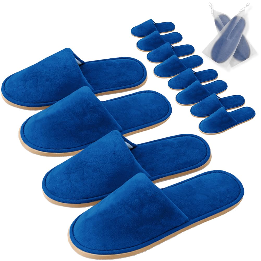 GONG GONG 6 Pairs Non Slip Disposable Slippers – Crystal Velvet, Washable & Reusable (Royal Blue)