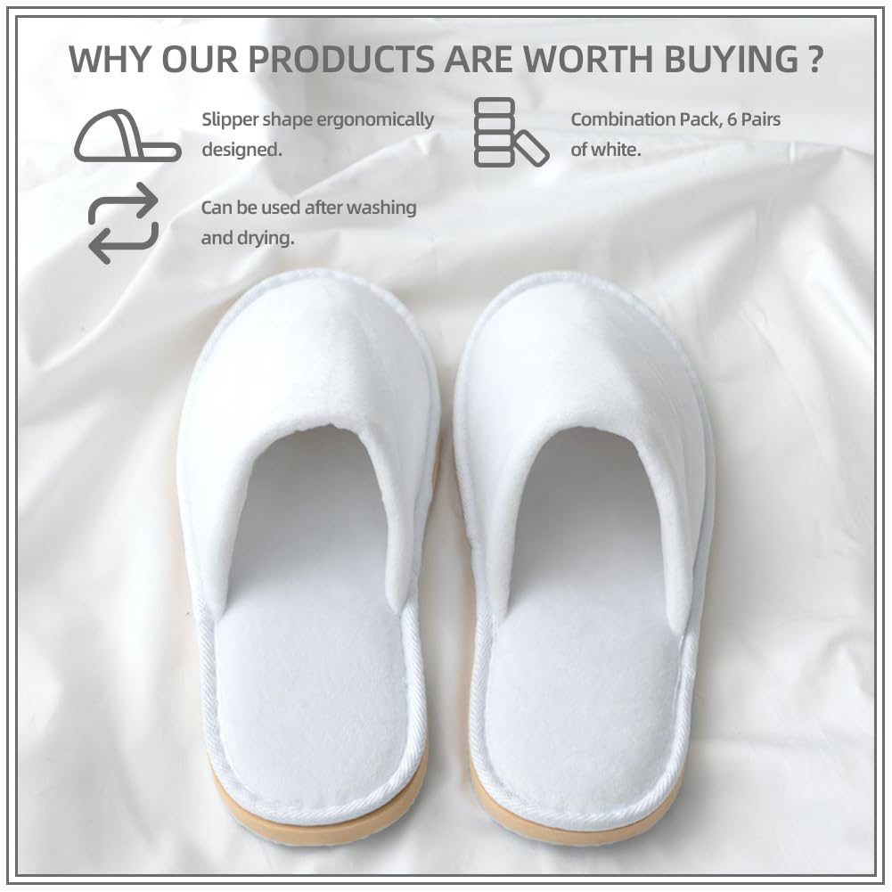 GONG GONG Non Slip Disposable Slippers – 6 Pairs, White, Crystal Velvet, Washable & Reusable, Closed Toe, Non-Slip EVA Sole