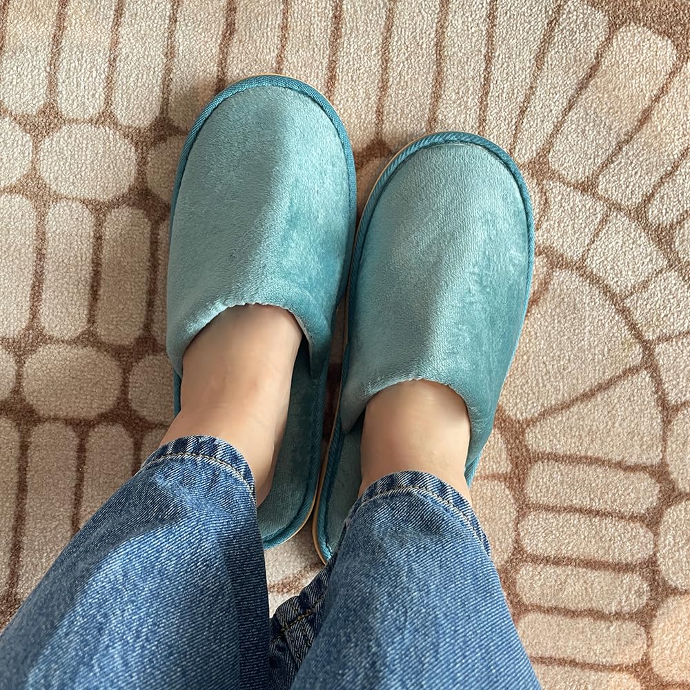 GONG GONG 6 Pairs Non Slip Disposable Slippers – Crystal Velvet, Closed Toe, Washable & Reusable (Blue, Adults)