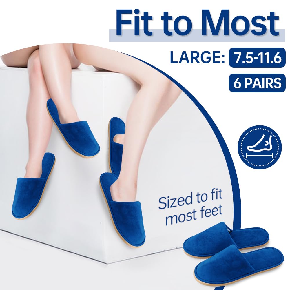 GONG GONG 6 Pairs Non Slip Disposable Slippers – Crystal Velvet, Washable & Reusable (Royal Blue)