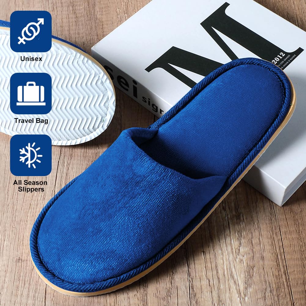 GONG GONG 6 Pairs Non Slip Disposable Slippers – Crystal Velvet, Washable & Reusable (Royal Blue)