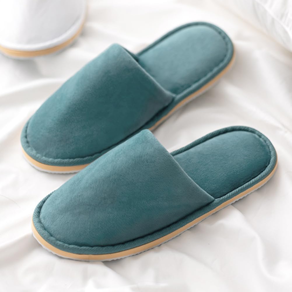 GONG GONG 6 Pairs Non Slip Disposable Slippers – Crystal Velvet, Closed Toe, Washable & Reusable (Blue, Adults)