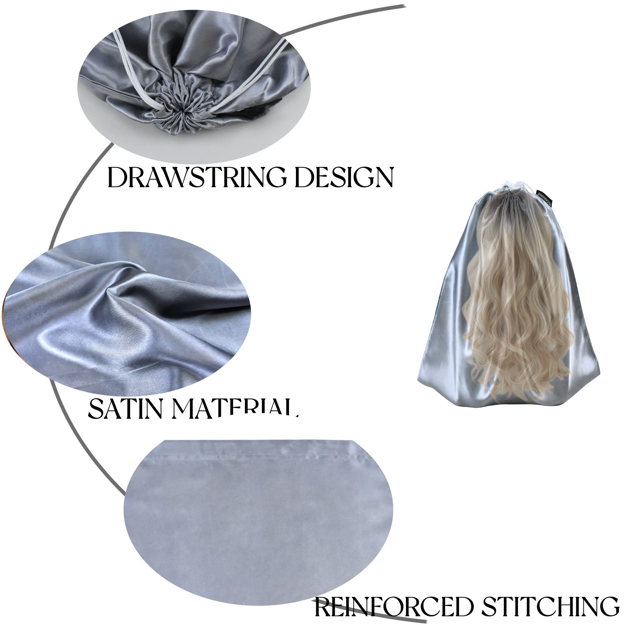 GONGKANGYUAN 12 Pcs Satin Wig Bags with Drawstring – Soft Silk Hair Extension Storage Pouches (Grey)