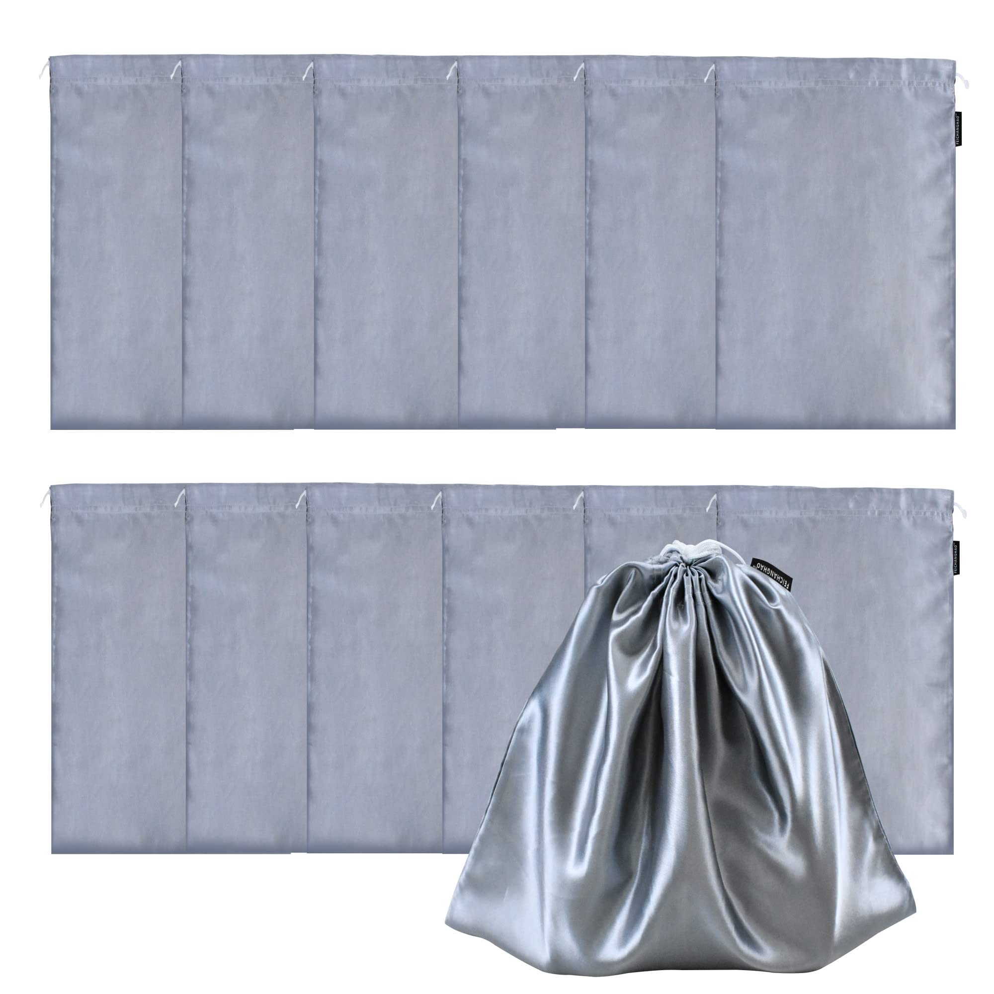 GONGKANGYUAN 12 Pcs Satin Wig Bags with Drawstring – Soft Silk Hair Extension Storage Pouches (Grey)