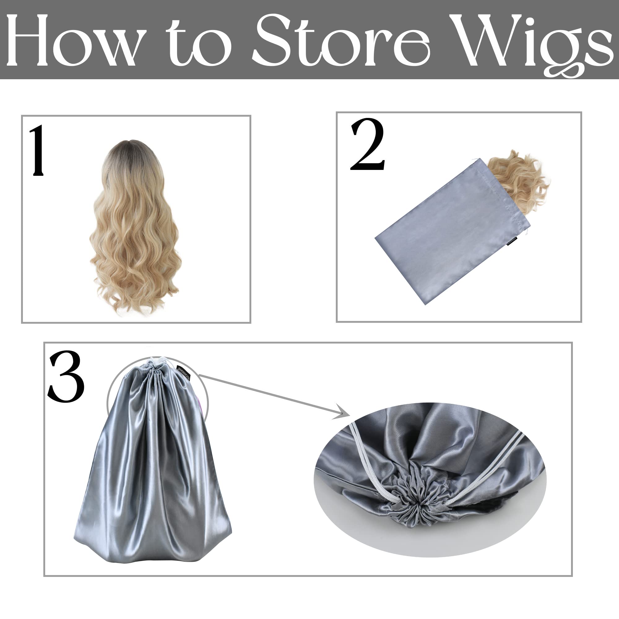 GONGKANGYUAN 12 Pcs Satin Wig Bags with Drawstring – Soft Silk Hair Extension Storage Pouches (Grey)