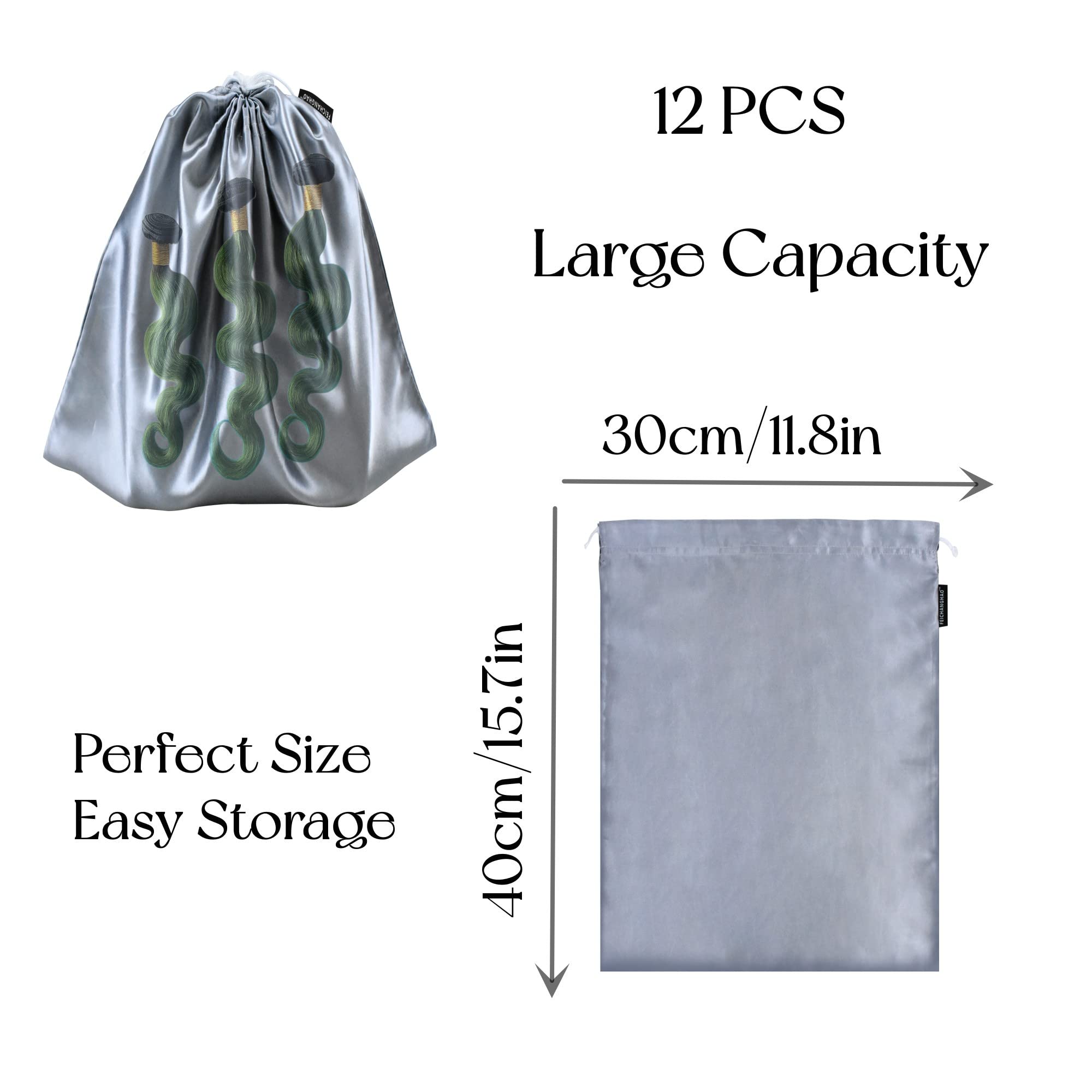 GONGKANGYUAN 12 Pcs Satin Wig Bags with Drawstring – Soft Silk Hair Extension Storage Pouches (Grey)