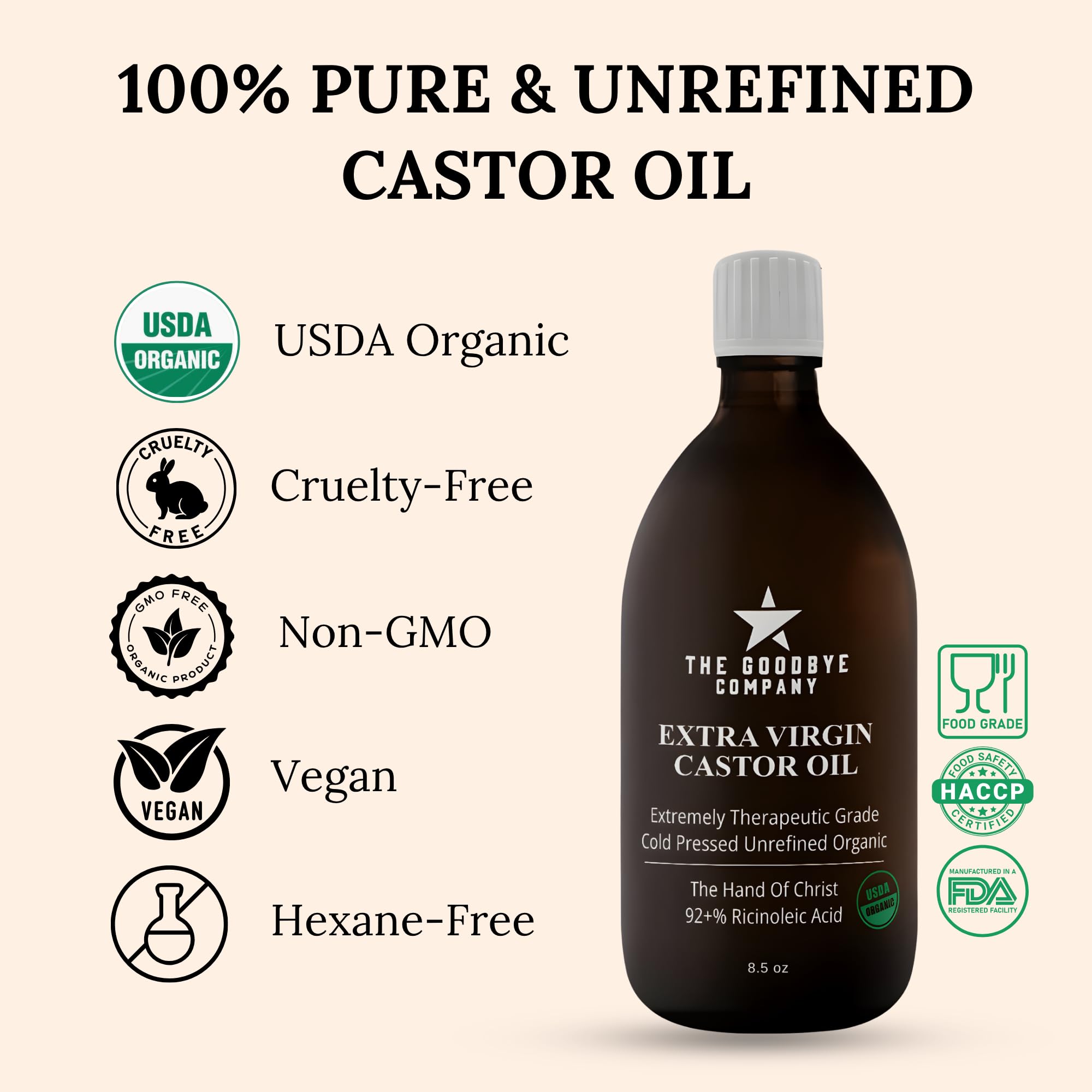 Goodbye Company USDA Organic Cold-Pressed Castor Oil – 8.5 oz Glass, Hexane-Free, Small Batch