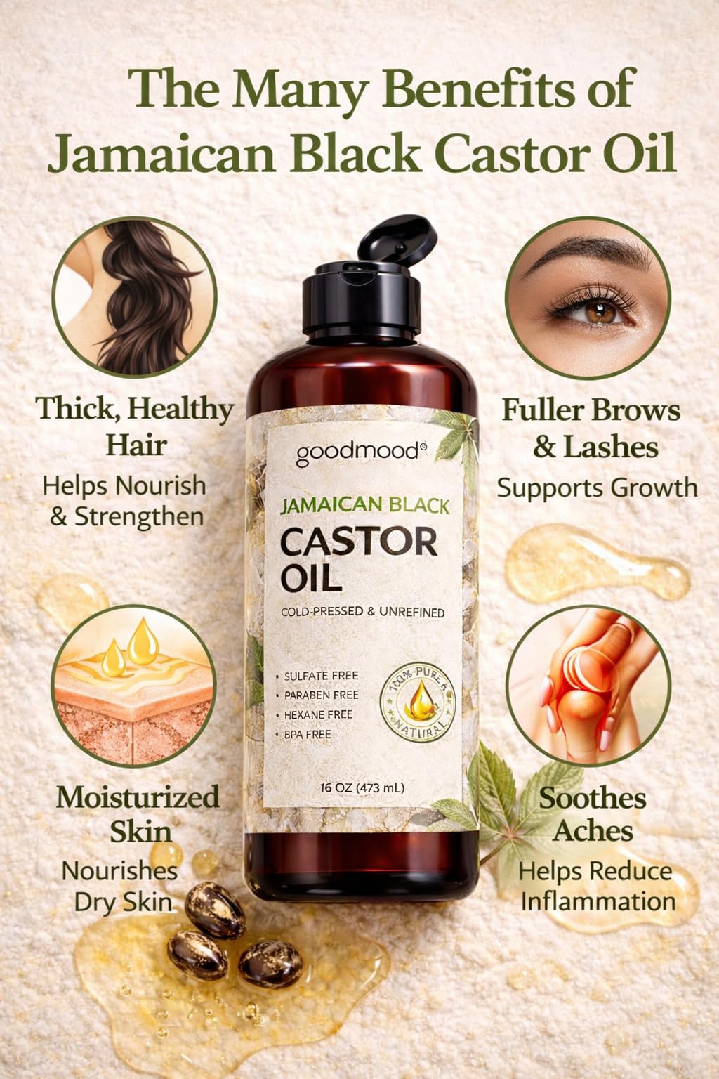 GOODMOOD Jamaican Black Castor Oil 16 oz – Organic Cold-Pressed, Pure Castor Oil for Hair & Skin