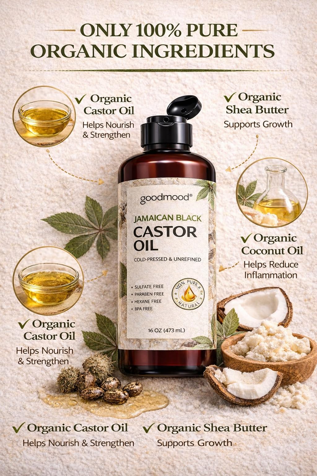 GOODMOOD Jamaican Black Castor Oil 16 oz – Organic Cold-Pressed, Pure Castor Oil for Hair & Skin