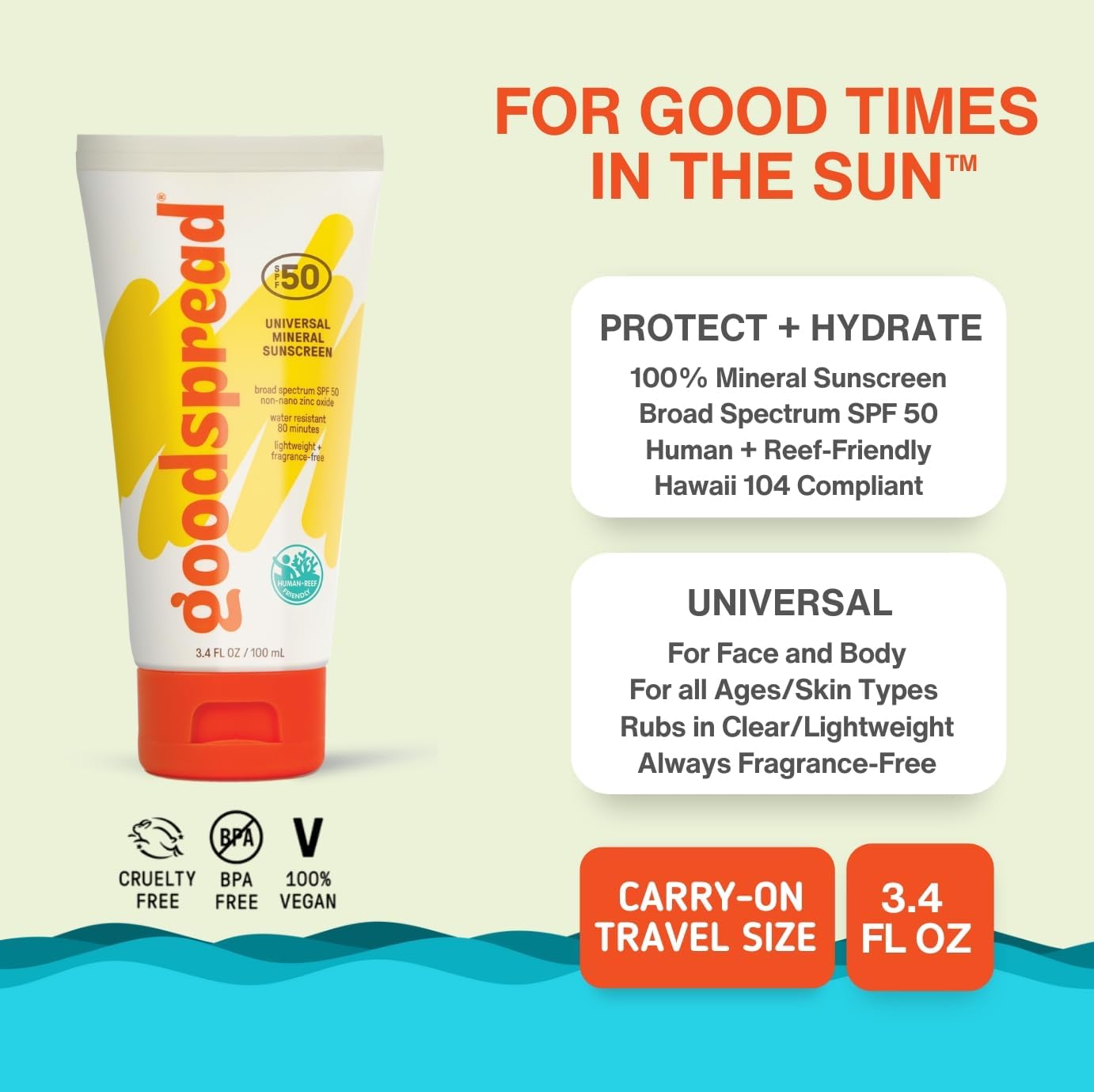 Goodspread Mineral Sunscreen SPF 50 (2-Pack) - Reef-Safe, Non-Nano Zinc Oxide, Water-Resistant, Hawaii Compliant