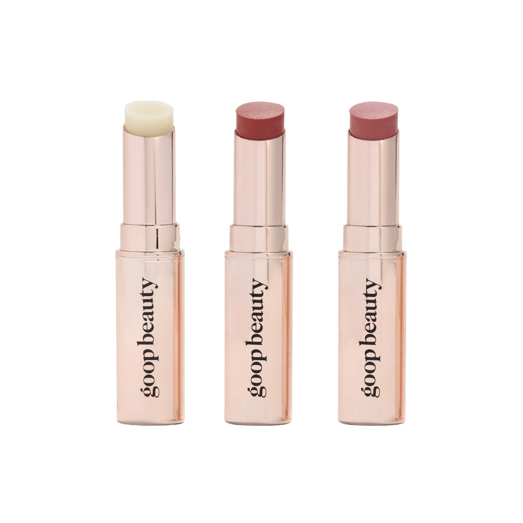 Goop Beauty Lip Balm Trio – Clean, Petroleum-Free Moisturizers in Clear, Garnet & Rose