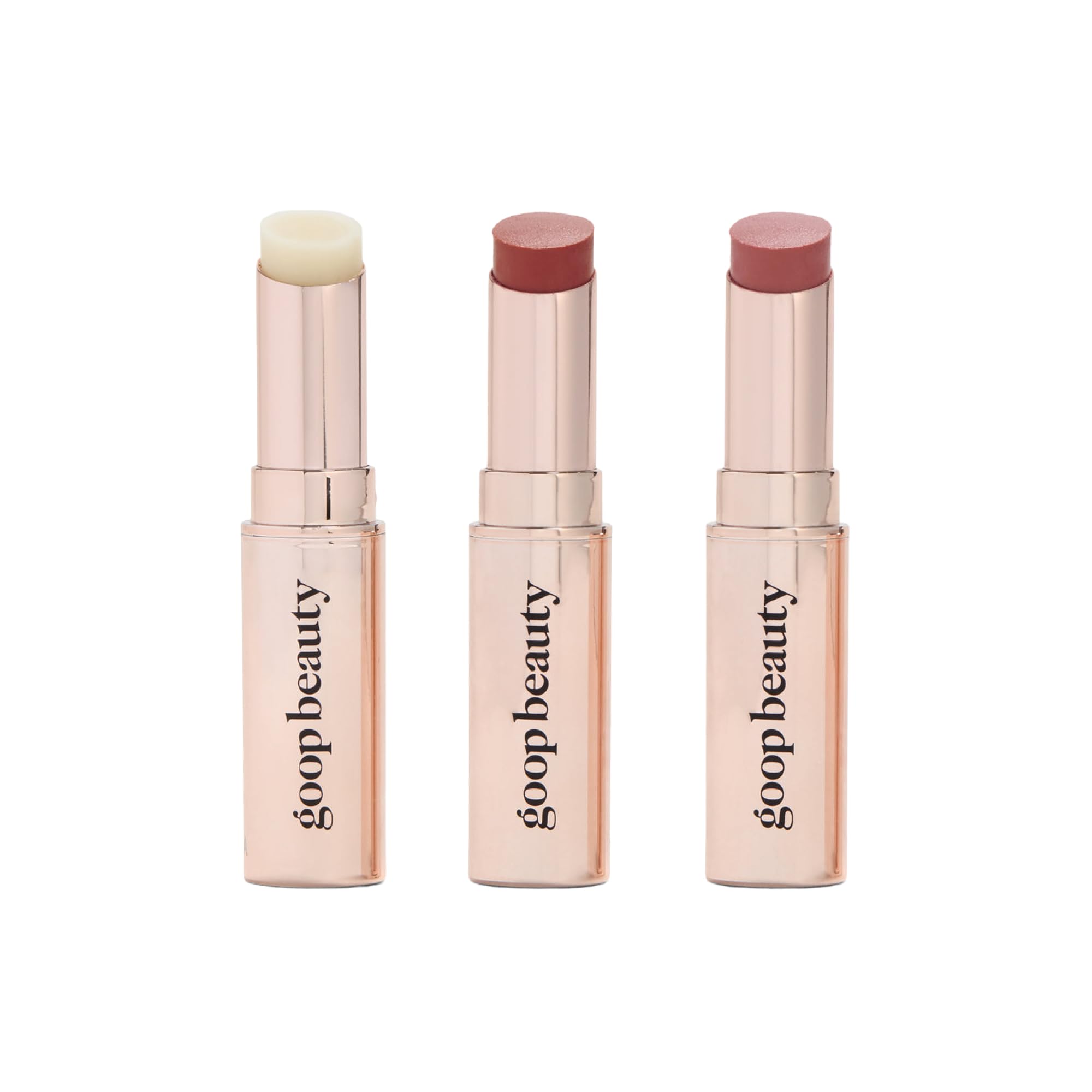 Goop Beauty Lip Balm Trio – Clean, Petroleum-Free Moisturizers in Clear, Garnet & Rose