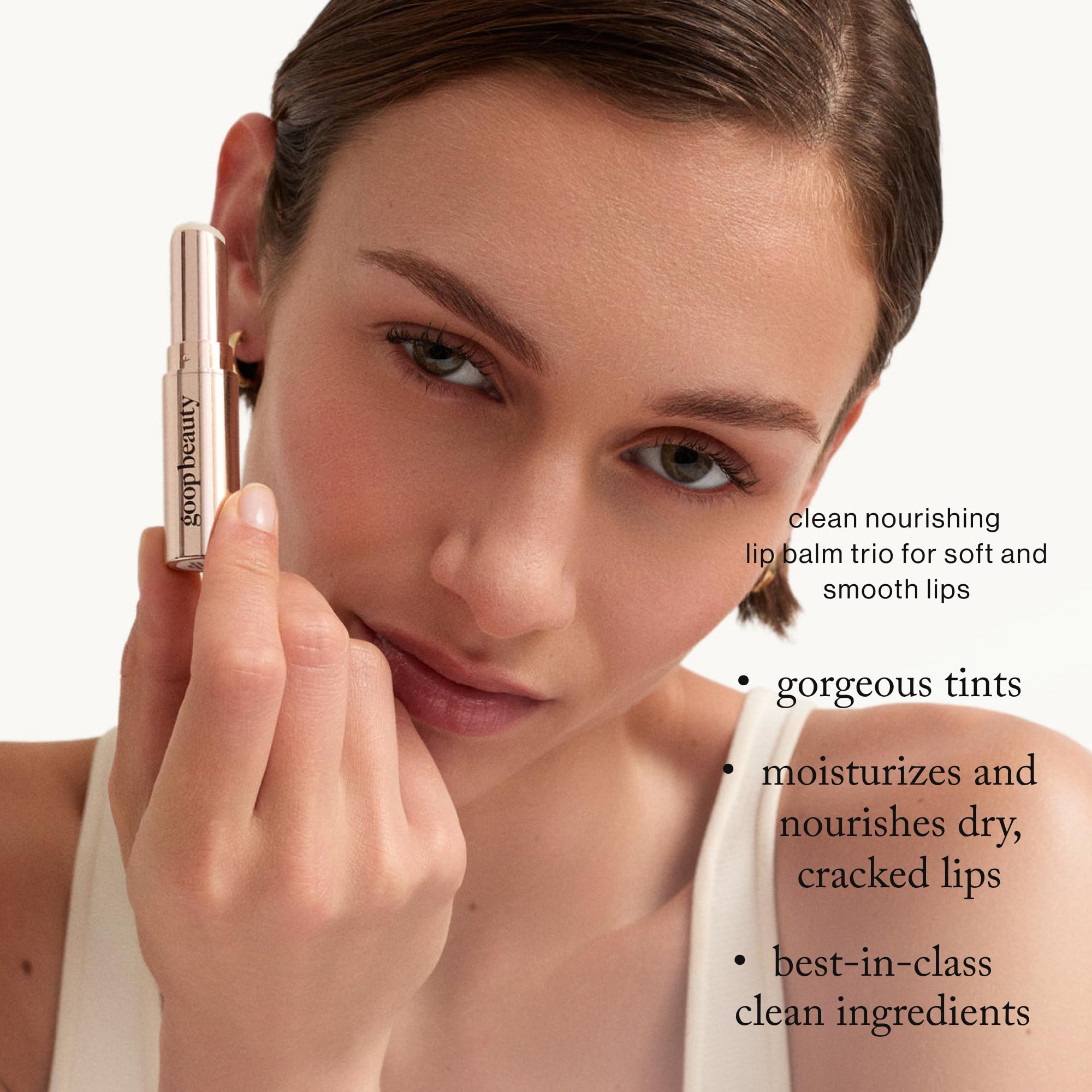 Goop Beauty Lip Balm Trio – Clean, Petroleum-Free Moisturizers in Clear, Garnet & Rose