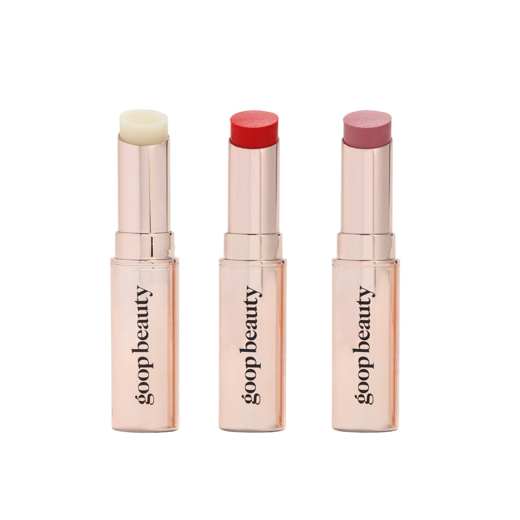 Goop Beauty Lip Balm Trio — Clean, Petroleum-Free Lip Care in Clear, Peony, Tomato | 0.16 oz Each