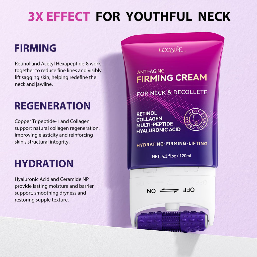 GOOSURE Neck Firming Cream with Roller – Multi-Peptide, Retinol & Hyaluronic Acid, 4.3 oz