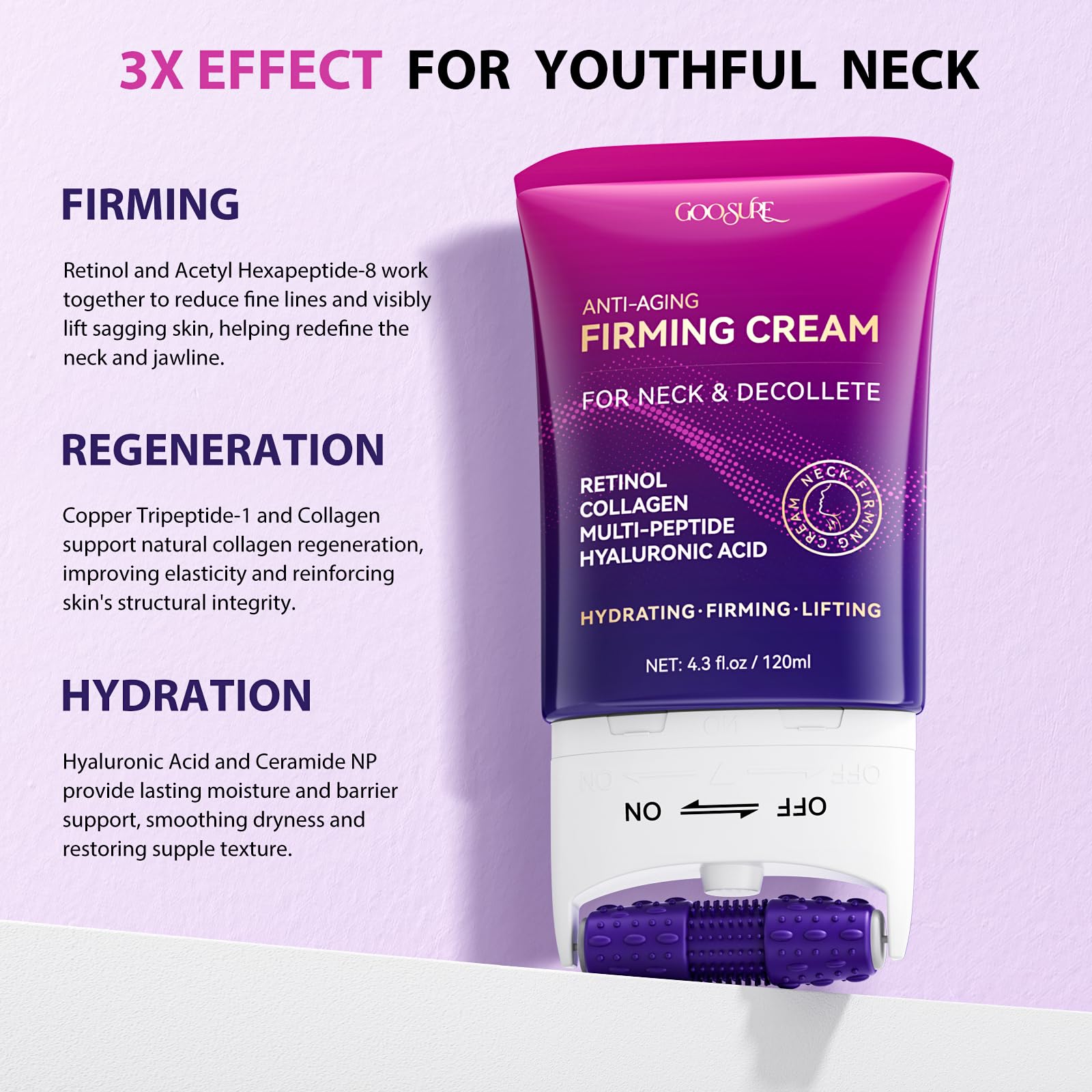 GOOSURE Neck Firming Cream with Roller – Multi-Peptide, Retinol & Hyaluronic Acid, 4.3 oz