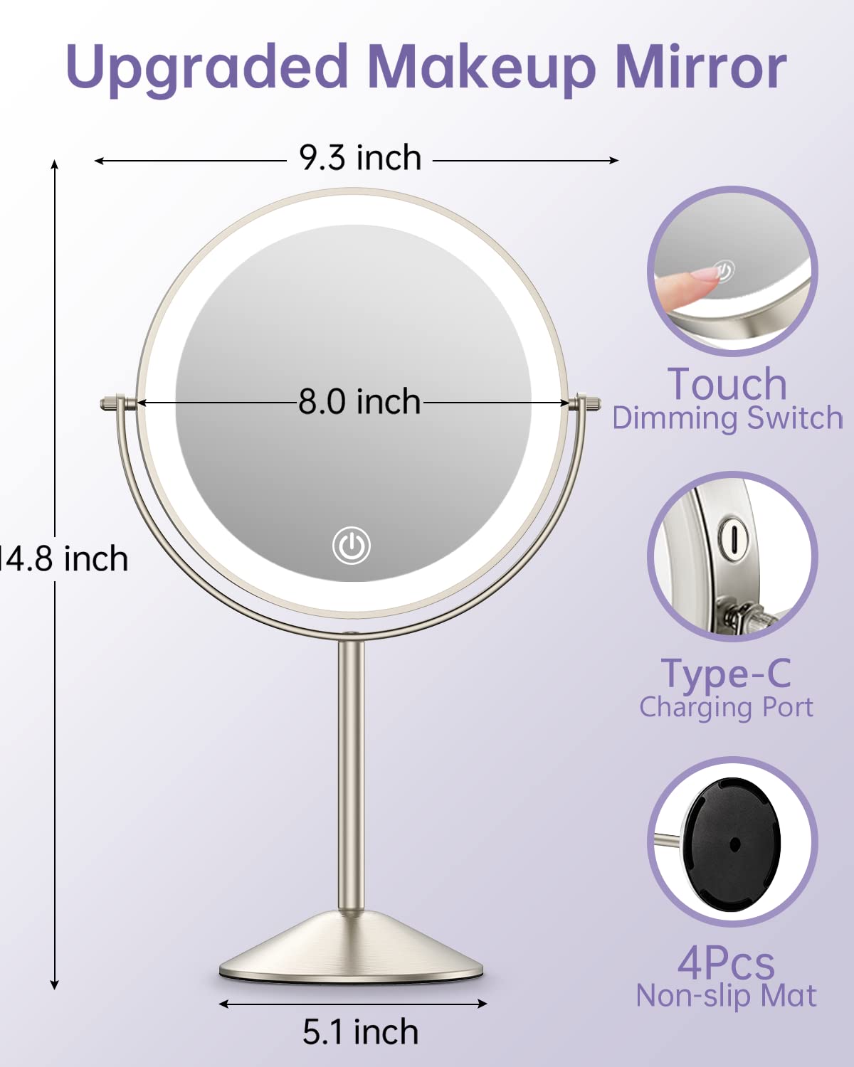Gospire 8-Inch Lighted Makeup Mirror — 1x/10x Magnification, 3 Color Lights, 360° Rotation, Rechargeable