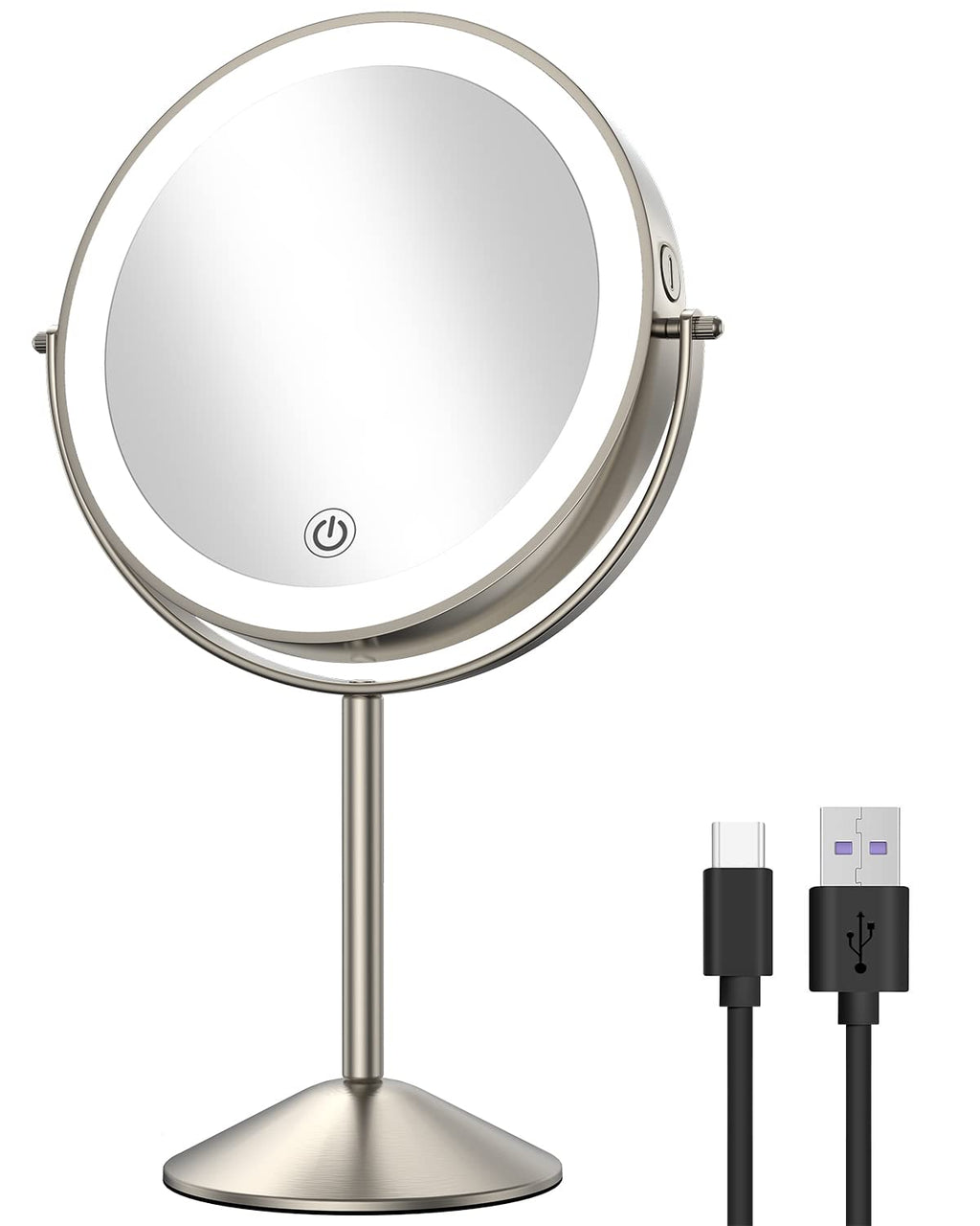 Gospire 8-Inch Lighted Makeup Mirror — 1x/10x Magnification, 3 Color Lights, 360° Rotation, Rechargeable