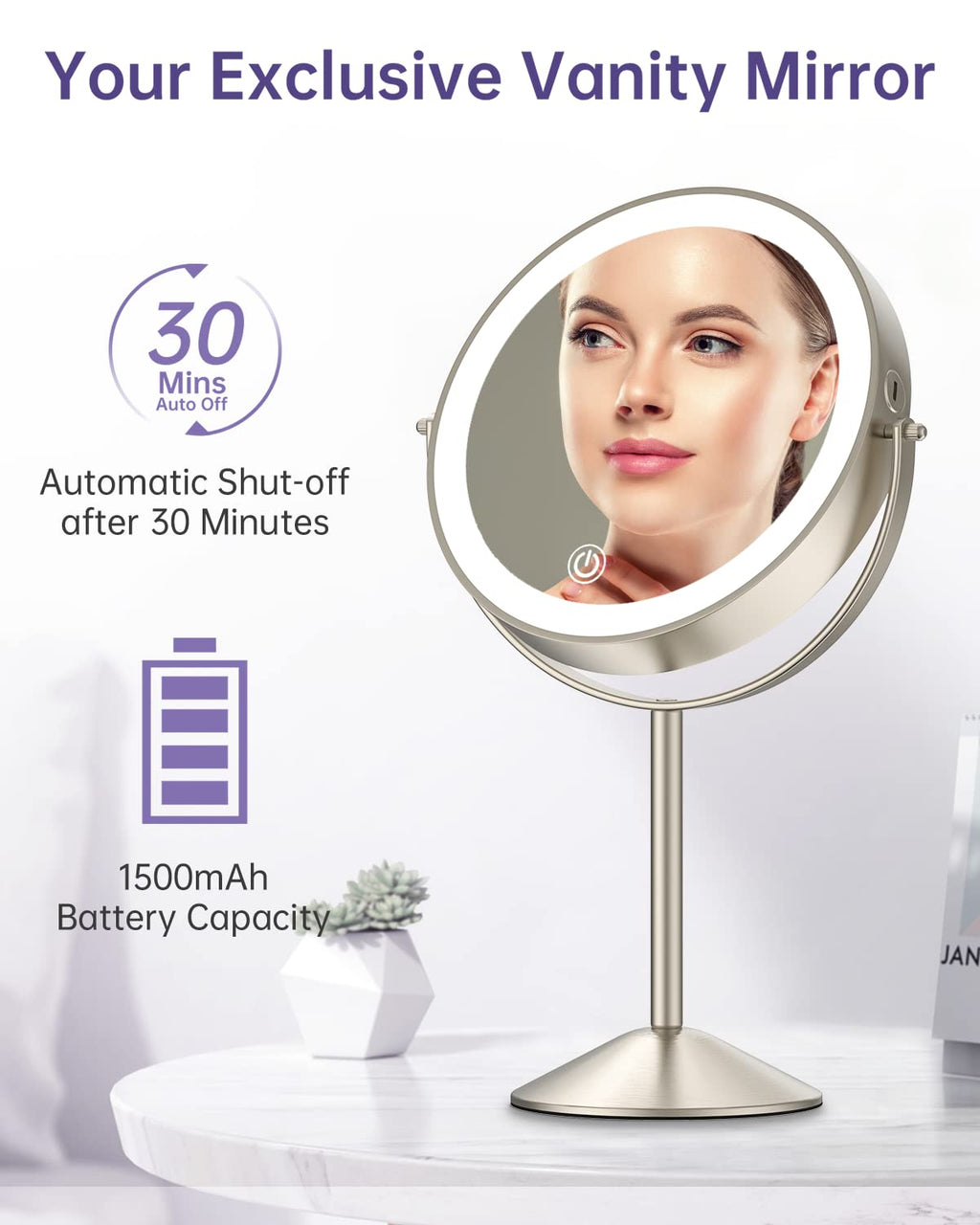 Gospire 8-Inch Lighted Makeup Mirror — 1x/10x Magnification, 3 Color Lights, 360° Rotation, Rechargeable