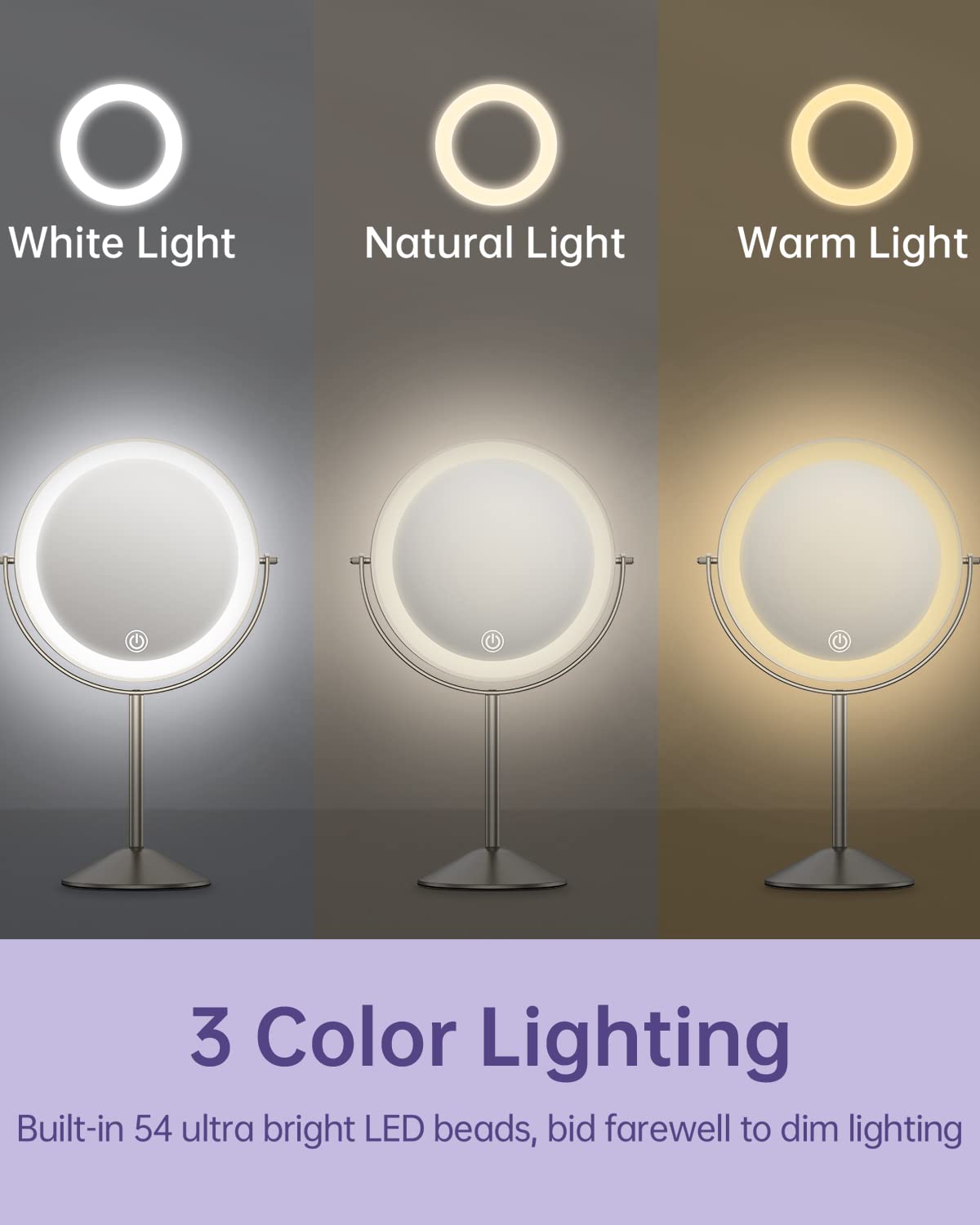 Gospire 8-Inch Lighted Makeup Mirror — 1x/10x Magnification, 3 Color Lights, 360° Rotation, Rechargeable
