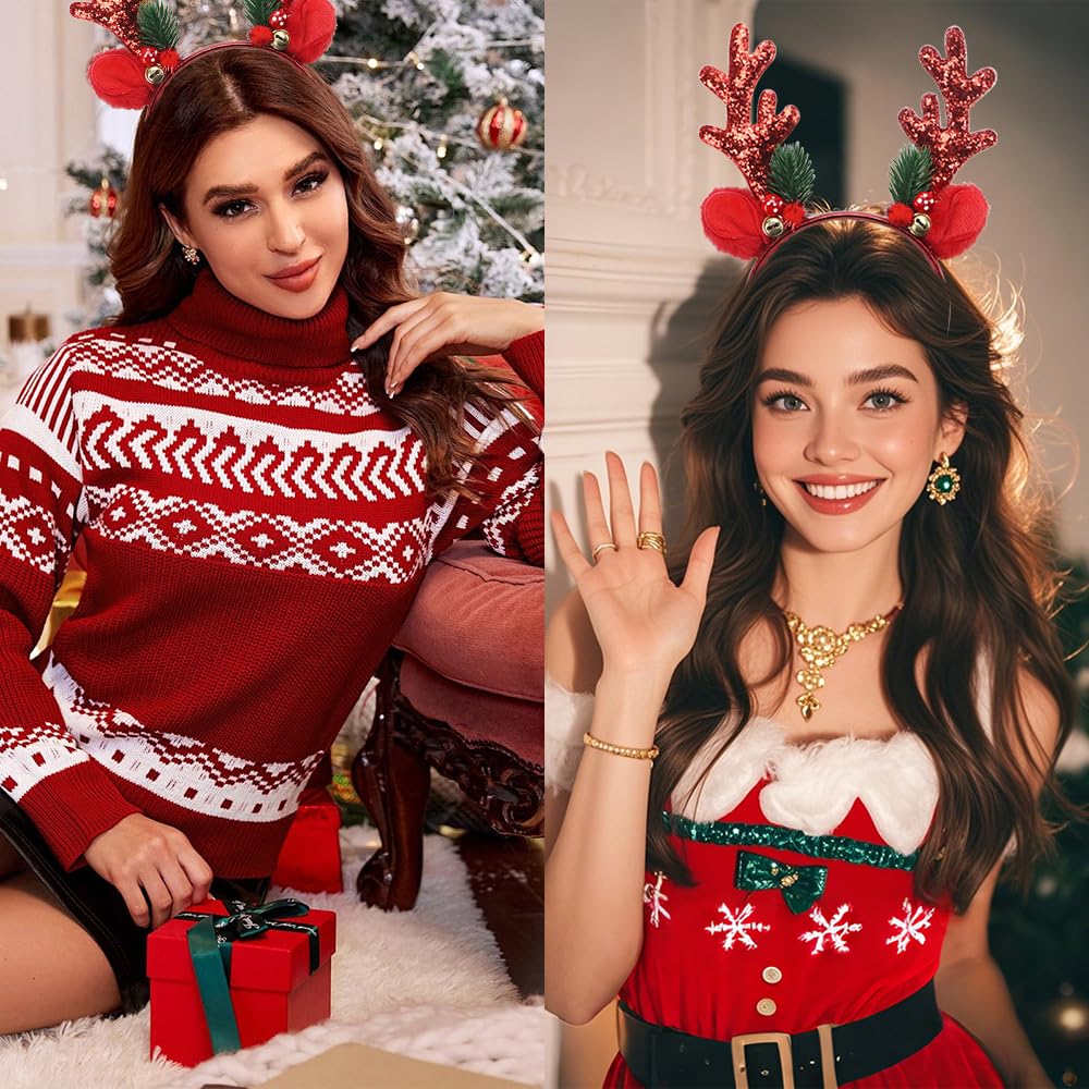 Gosuoa Christmas Headbands for Women – Red Reindeer Antlers