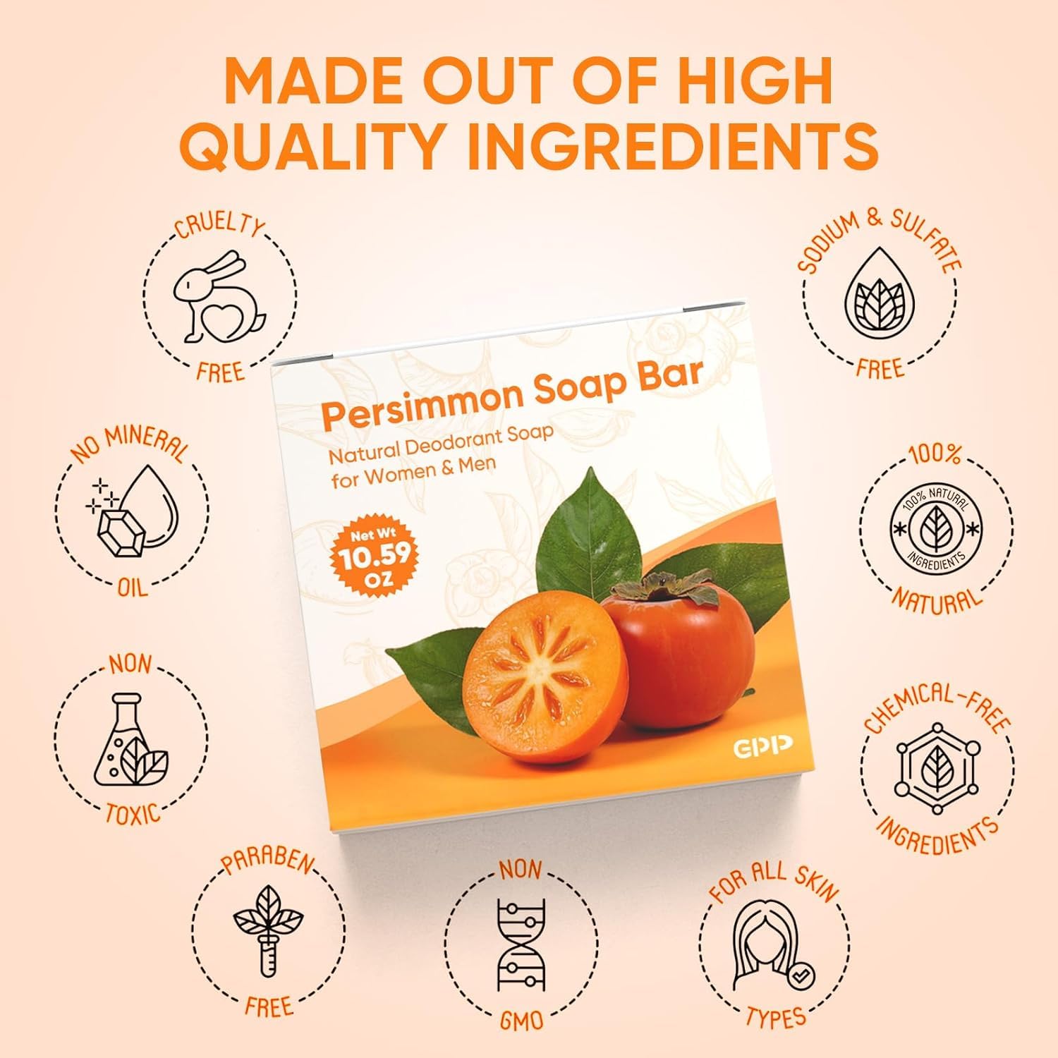 GPP Persimmon Soap Bar – 3 Pcs Odor Control Body Wash (3.53 oz each)