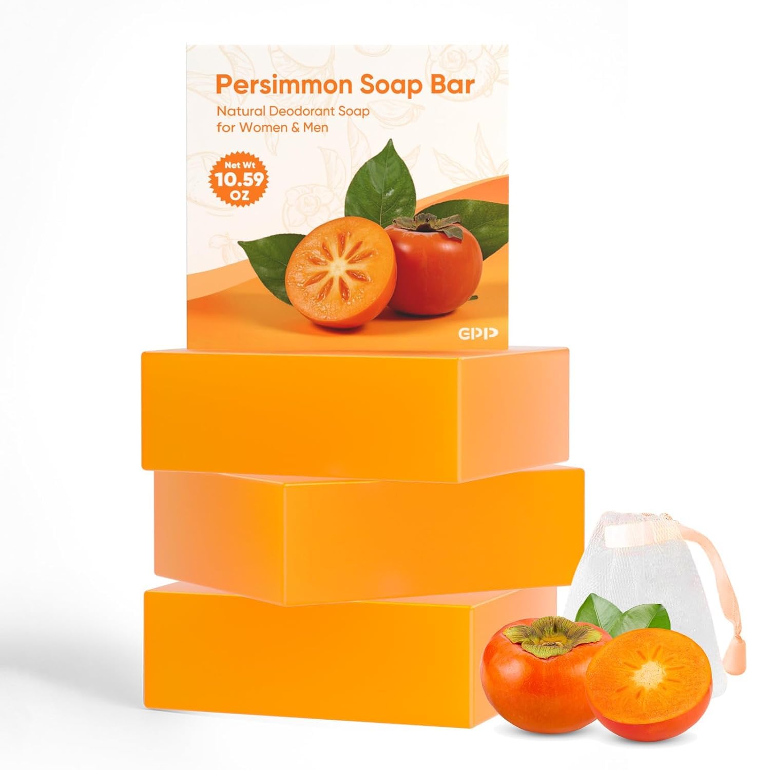 GPP Persimmon Soap Bar – 3 Pcs Odor Control Body Wash (3.53 oz each)