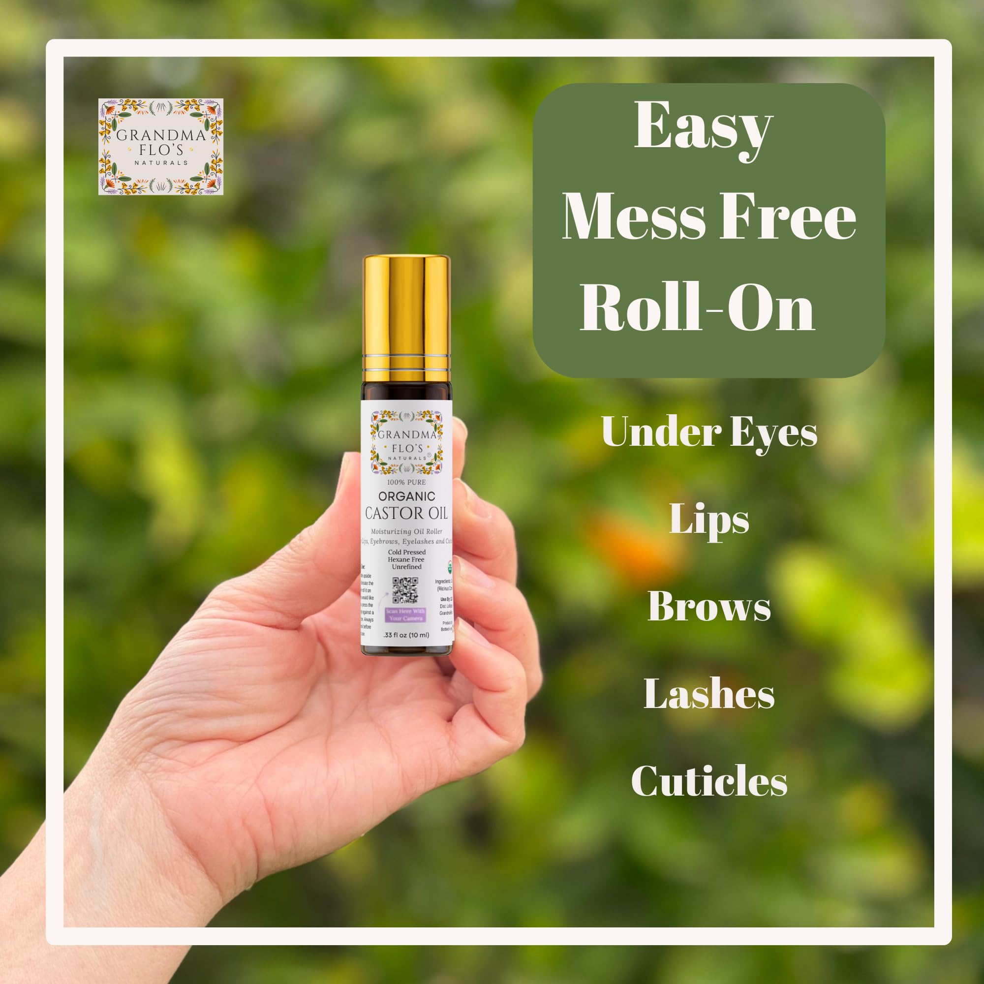 Grandma Flo's Naturals Pure Organic Castor Oil Roll-On – Lips, Brows, Lashes (10ml) Hexane Free