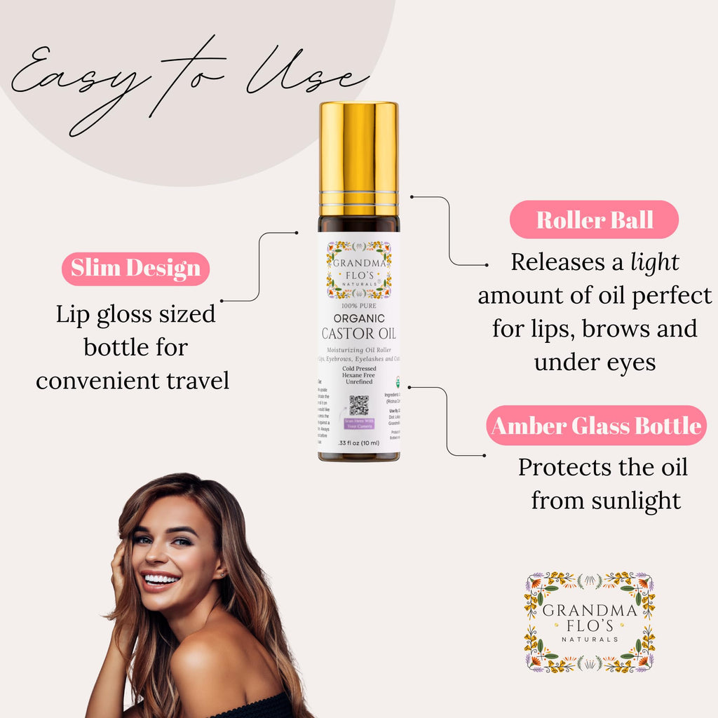 Grandma Flo's Naturals Pure Organic Castor Oil Roll-On – Lips, Brows, Lashes (10ml) Hexane Free